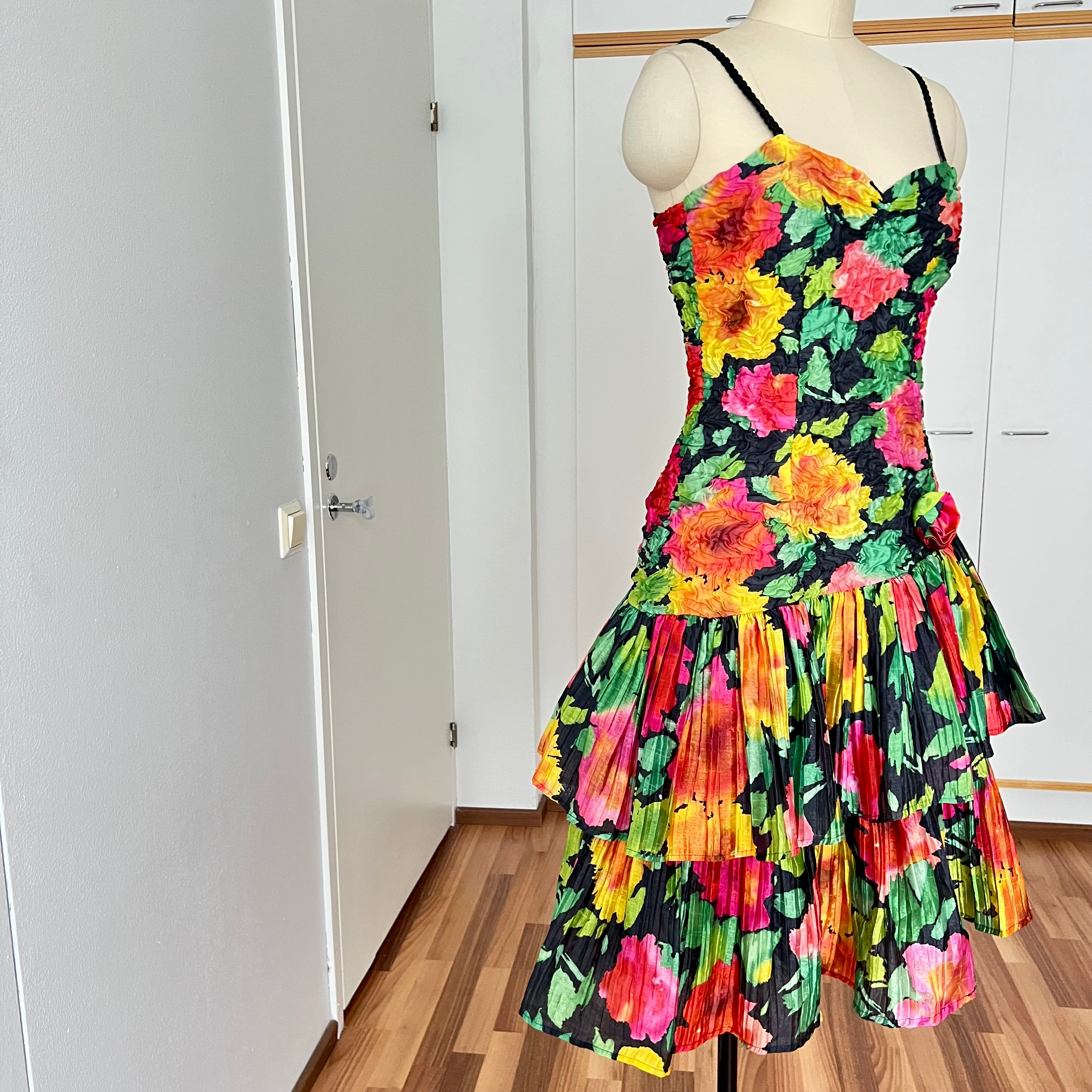 1980s Floral Cocktail Prom Party Dress-Plisse Crinkle Ruffle Gown