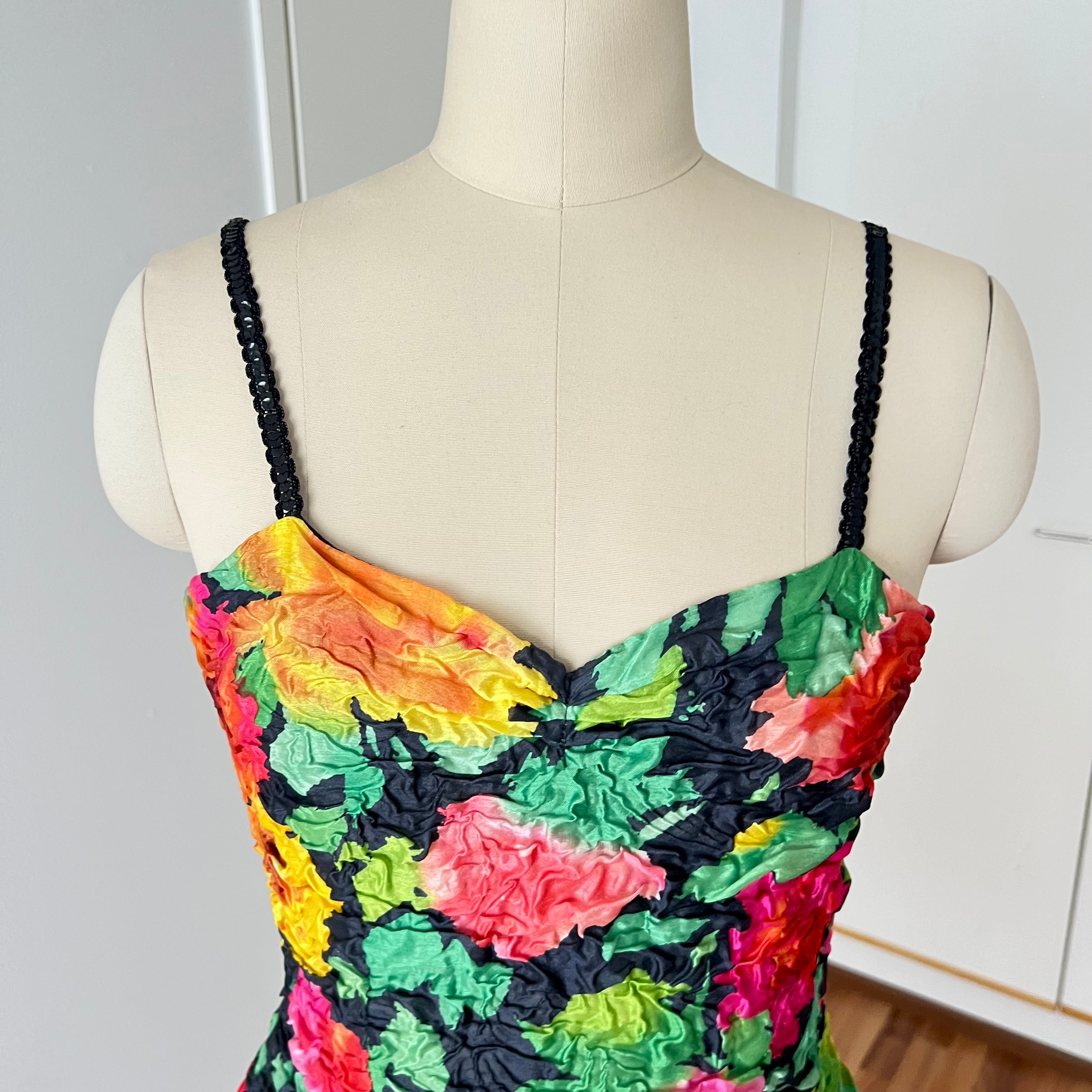 1980s Floral Cocktail Prom Party Dress-Plisse Crinkle Ruffle Gown