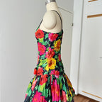 1980s Floral Cocktail Prom Party Dress-Plisse Crinkle Ruffle Gown