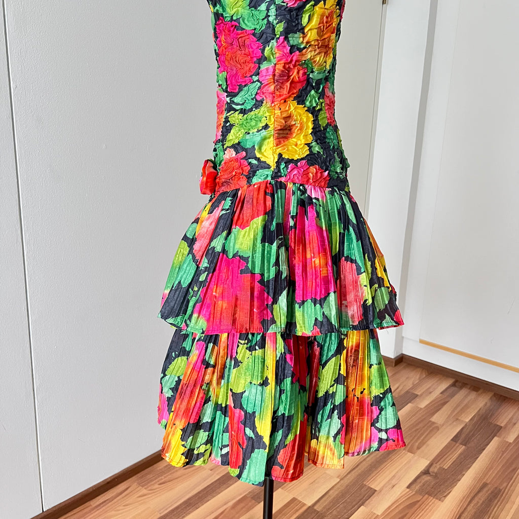 1980s Floral Cocktail Prom Party Dress-Plisse Crinkle Ruffle Gown