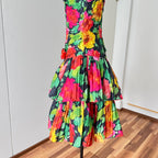 1980s Floral Cocktail Prom Party Dress-Plisse Crinkle Ruffle Gown