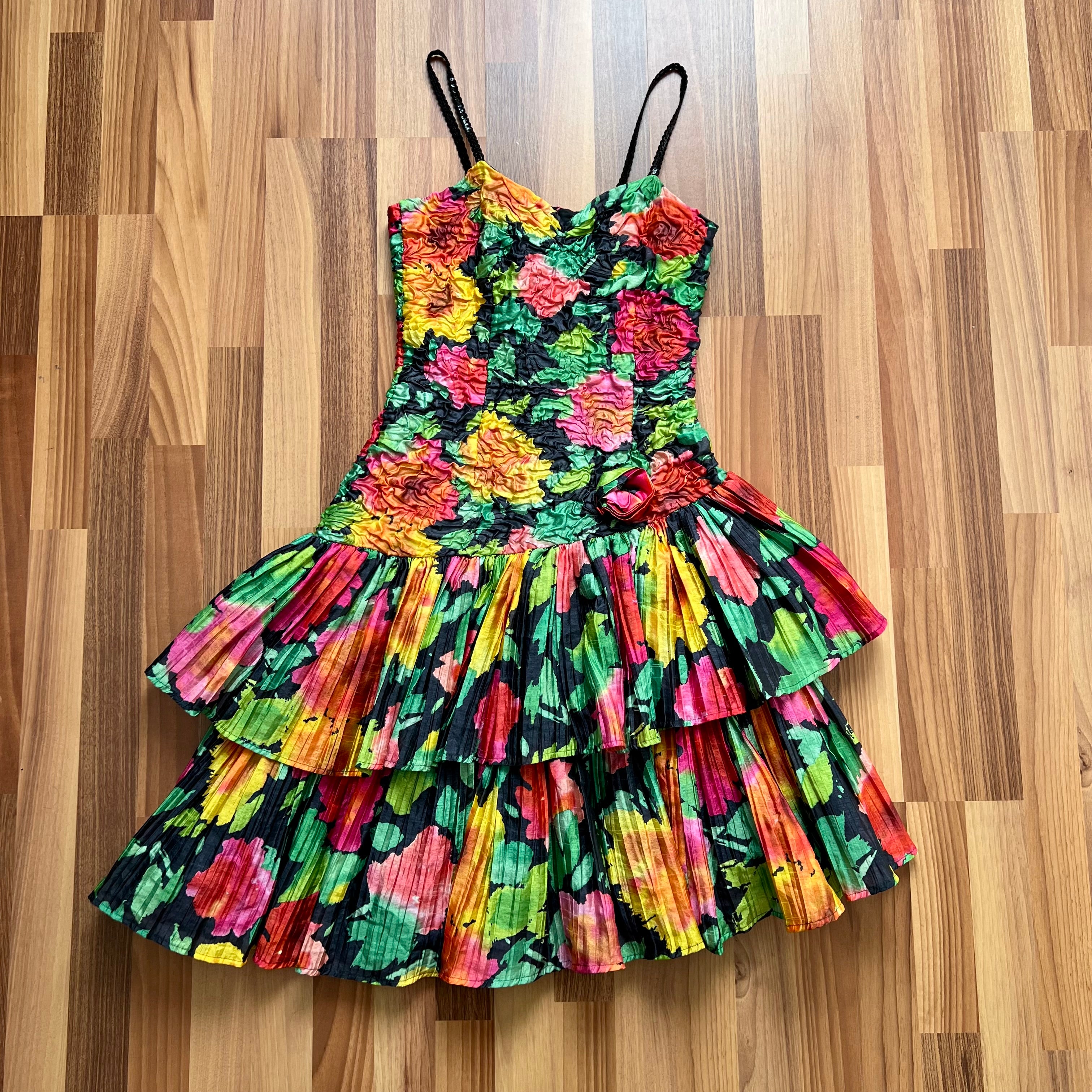1980s Vintage Floral Taffeta Party Dress-Spaghetti Straps Cocktail Gown-Drop Waist Tiered Prom Dress