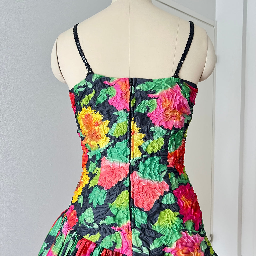 1980s Floral Cocktail Prom Party Dress-Plisse Crinkle Ruffle Gown