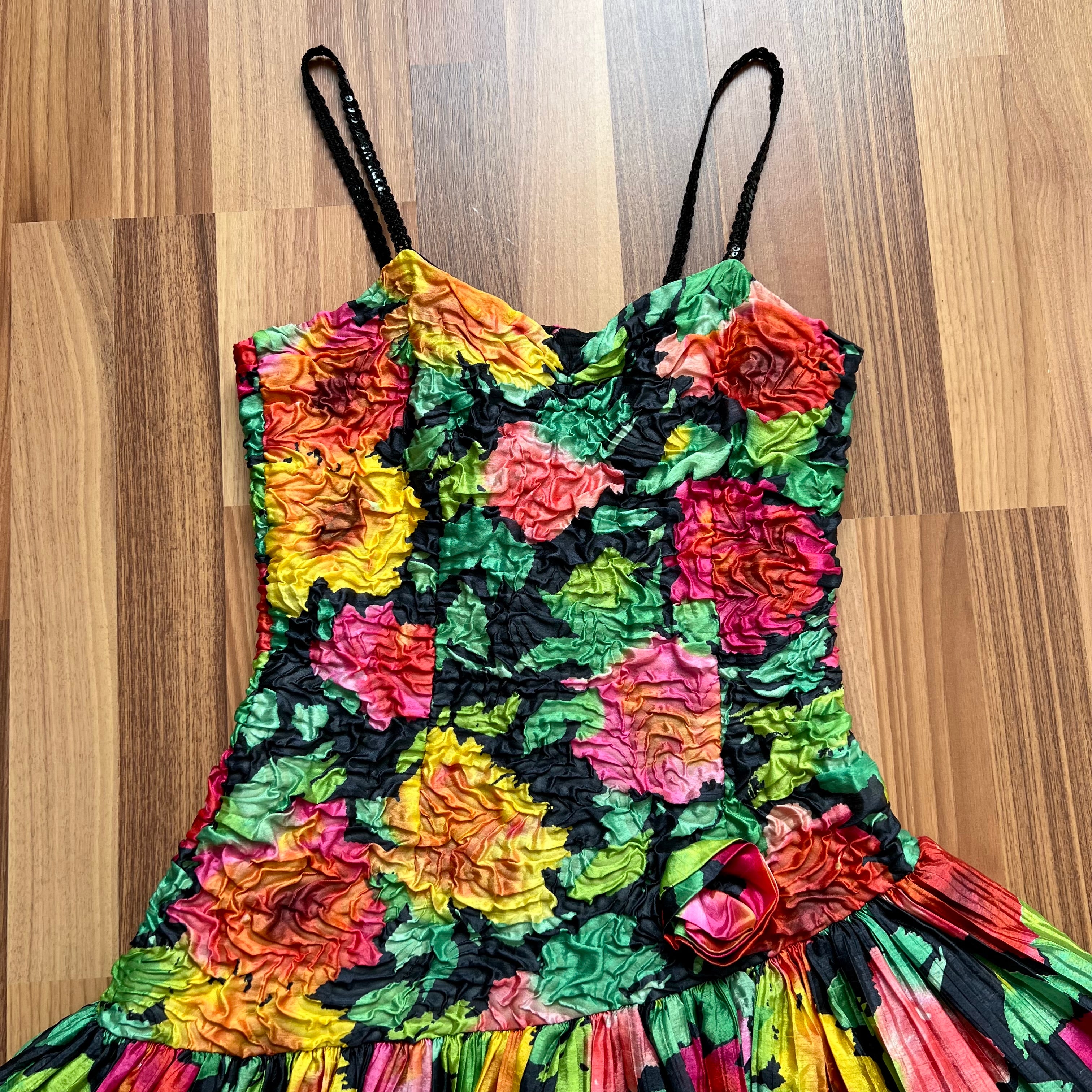 1980s Vintage Floral Taffeta Party Dress-Spaghetti Straps Tiered Prom Cocktail Gown