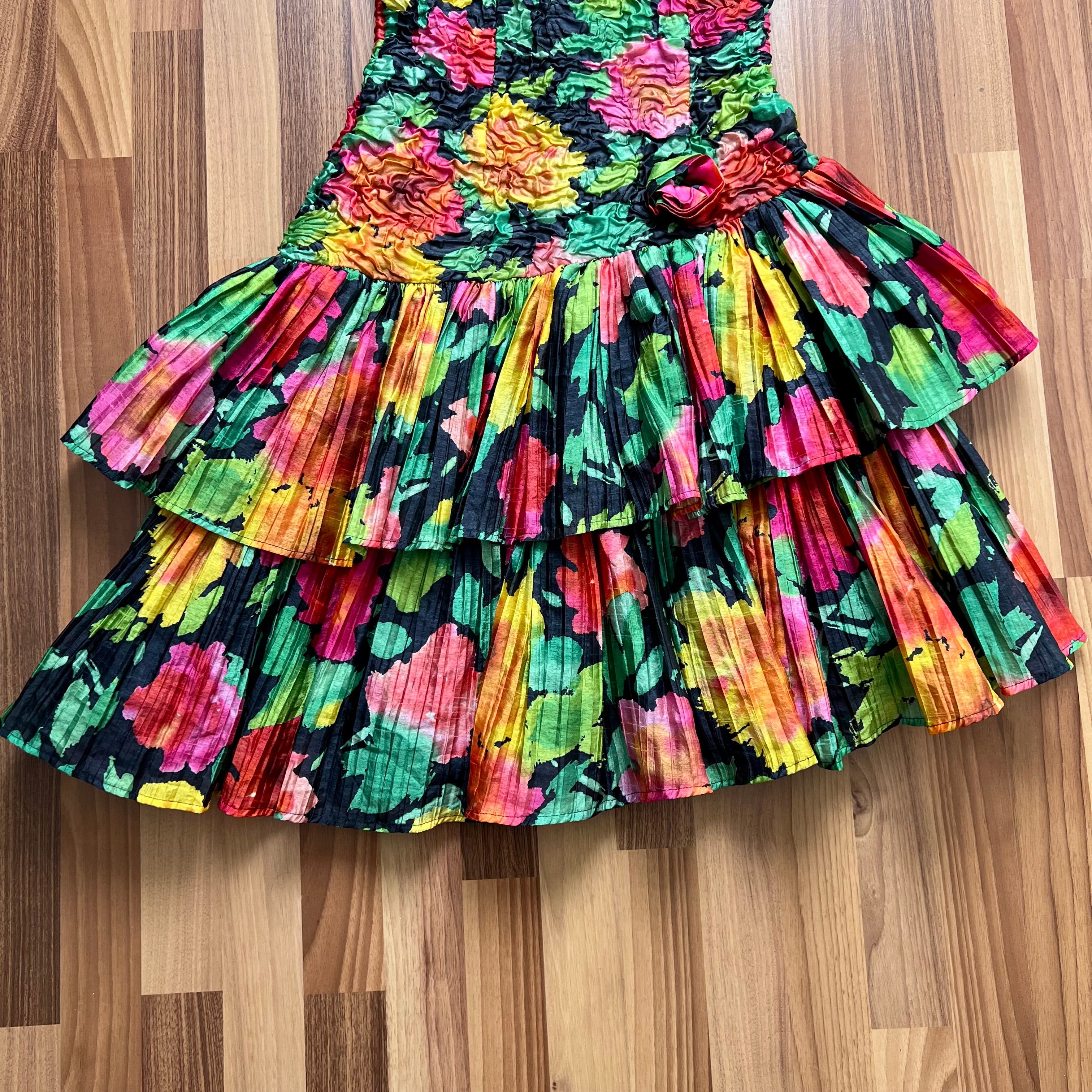1980s Vintage Floral Taffeta Party Dress-Spaghetti Straps Tiered Prom Cocktail Gown