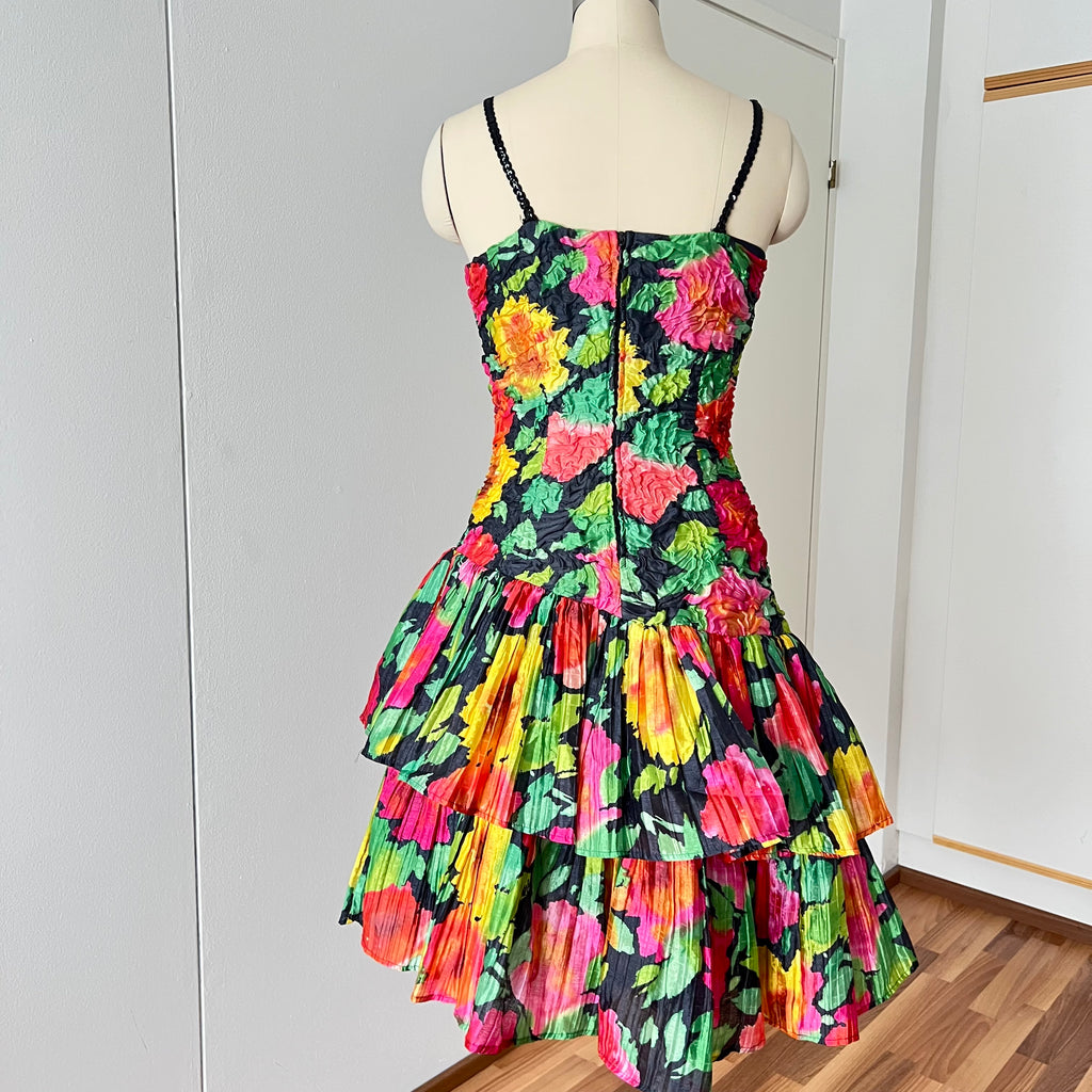 1980s Floral Cocktail Prom Party Dress-Plisse Crinkle Ruffle Gown