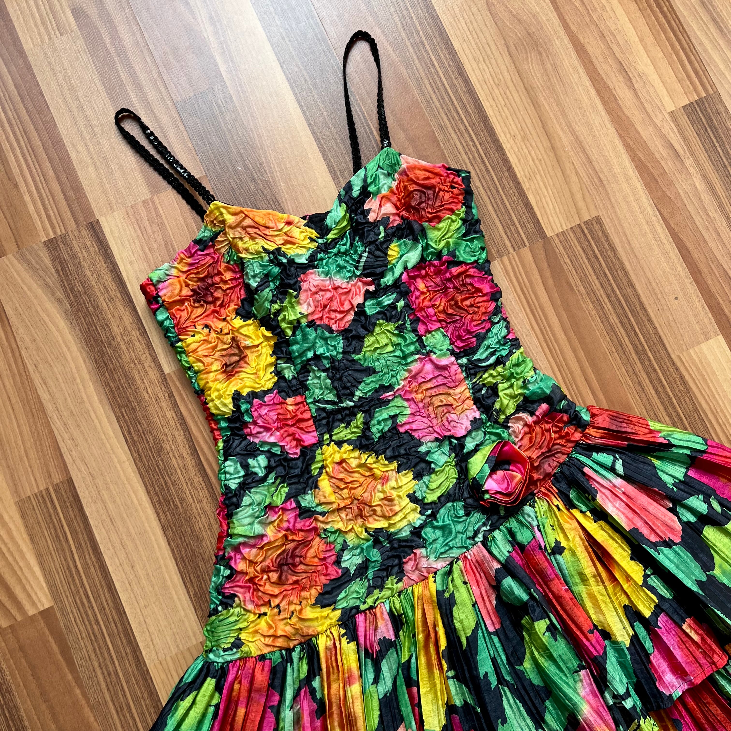 1980s Vintage Floral Taffeta Party Dress-Spaghetti Straps Tiered Prom Cocktail Gown