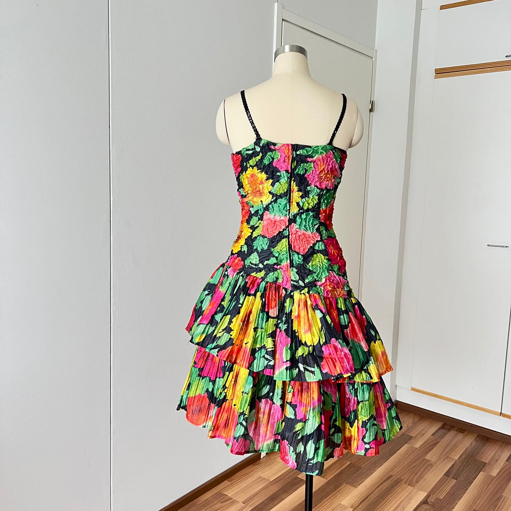 1980s Floral Cocktail Prom Party Dress-Plisse Crinkle Ruffle Gown
