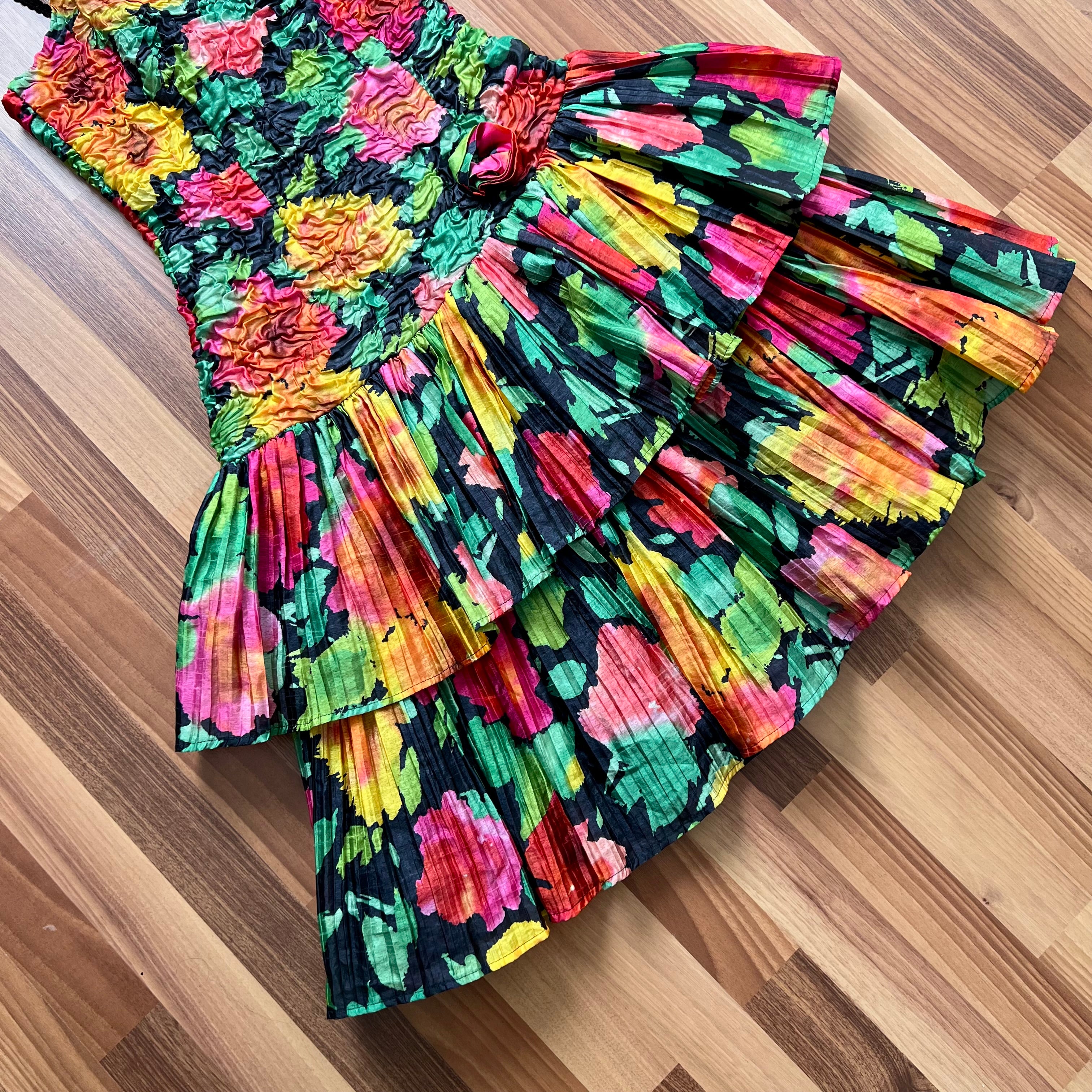 1980s Vintage Floral Taffeta Party Dress-Spaghetti Straps Tiered Prom Cocktail Gown