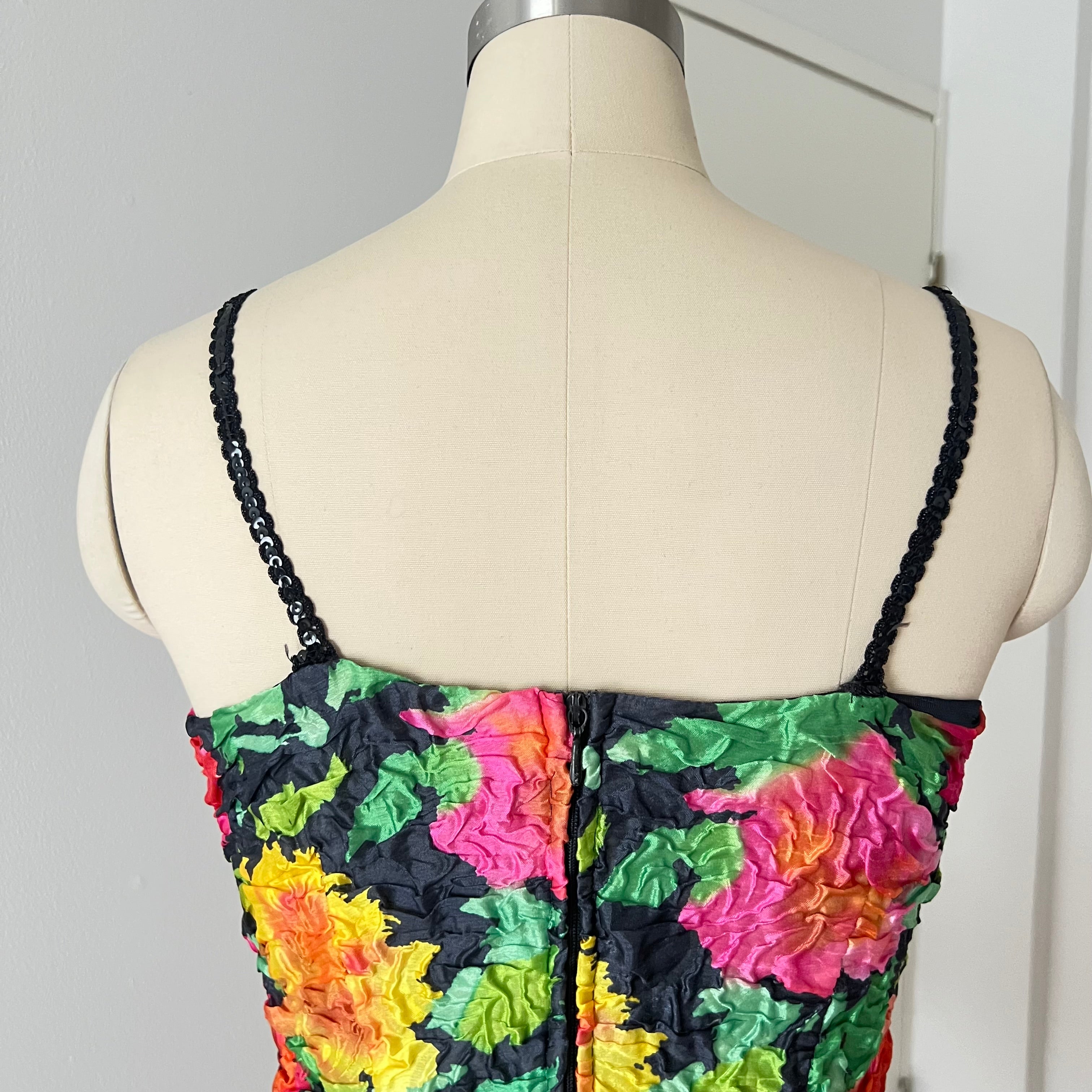 1980s Floral Cocktail Prom Party Dress-Plisse Crinkle Ruffle Gown
