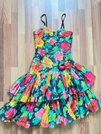 1980s Floral Cocktail Prom Party Dress-Plisse Crinkle Ruffle Gown