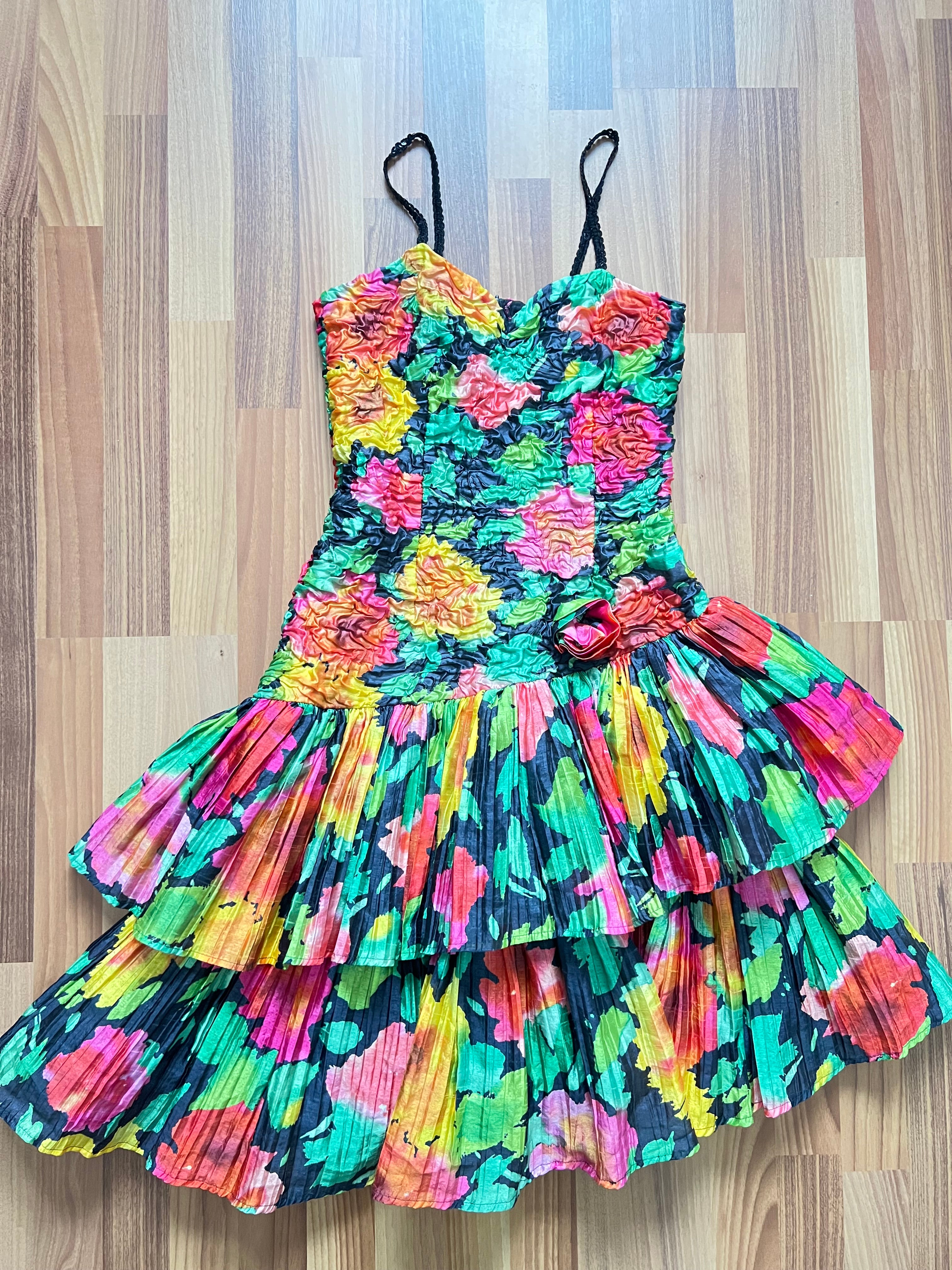 1980s Floral Cocktail Prom Party Dress-Plisse Crinkle Ruffle Gown
