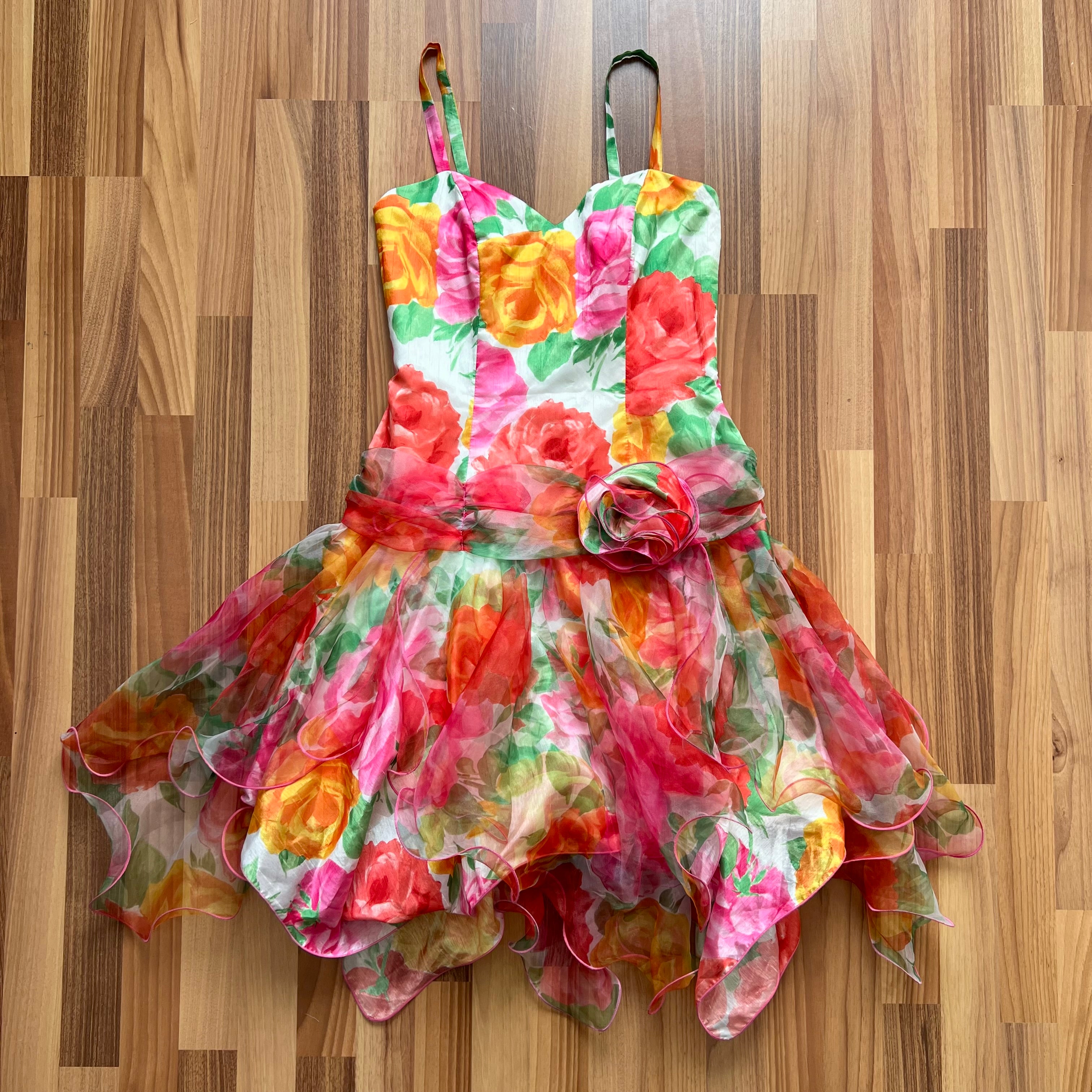 1980s VERA MONT Floral Party Dress-Handkerchief Hem Organza Cocktail Dress-West German 