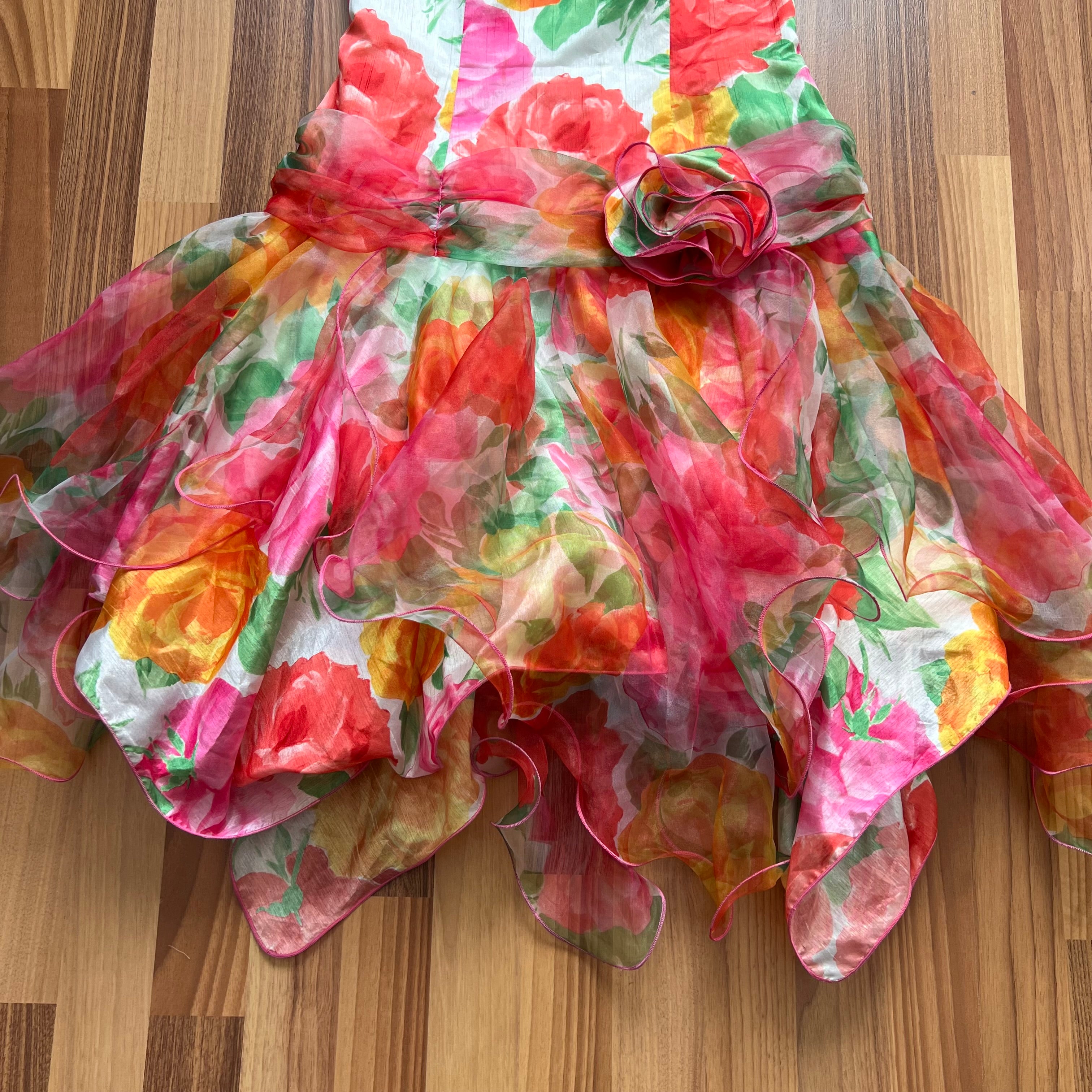1980s VERA MONT Floral Party Dress-Handkerchief Hem Organza Cocktail Dress-West German EU 40