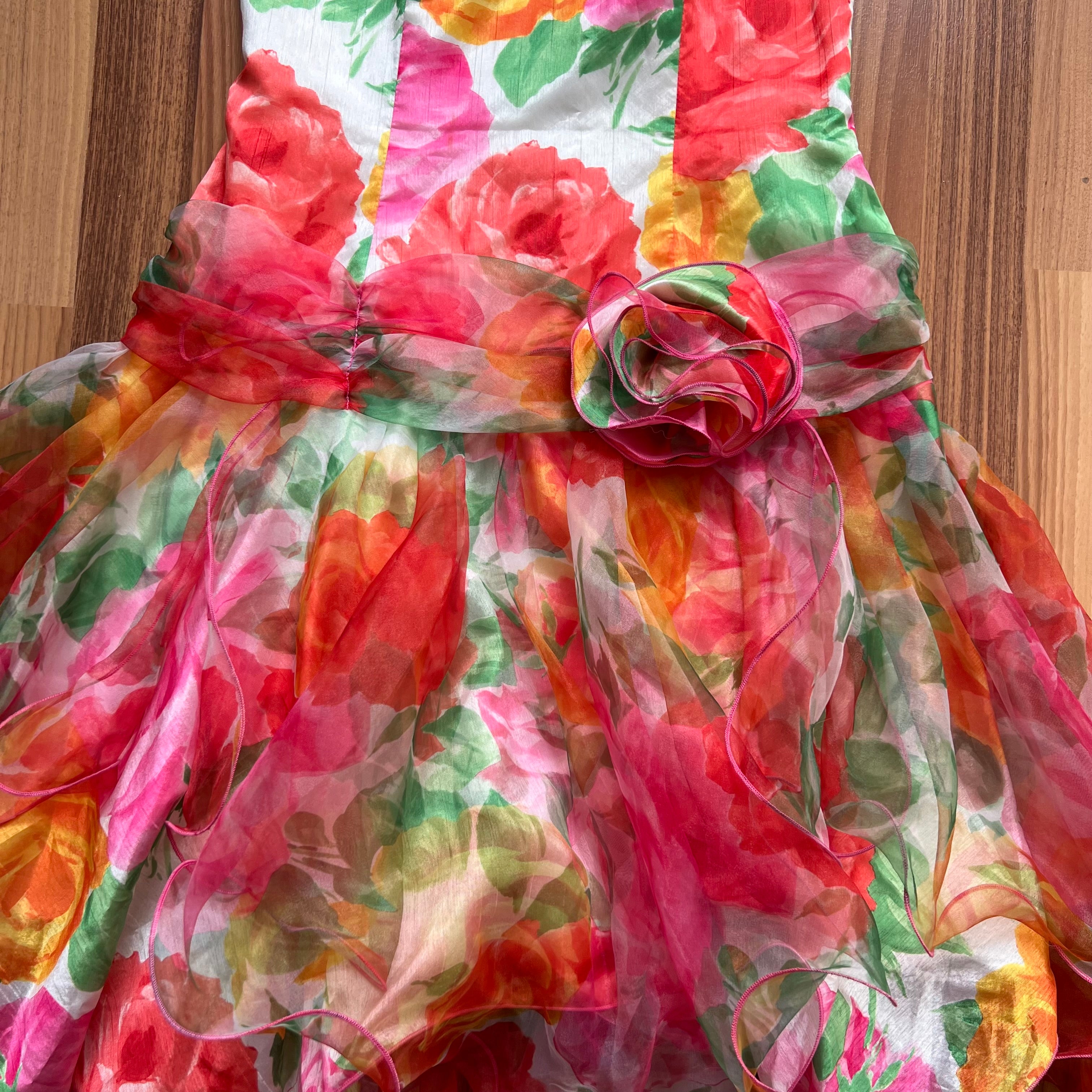 1980s VERA MONT Floral Party Dress-Handkerchief Hem Organza Cocktail Dress-West German EU 40