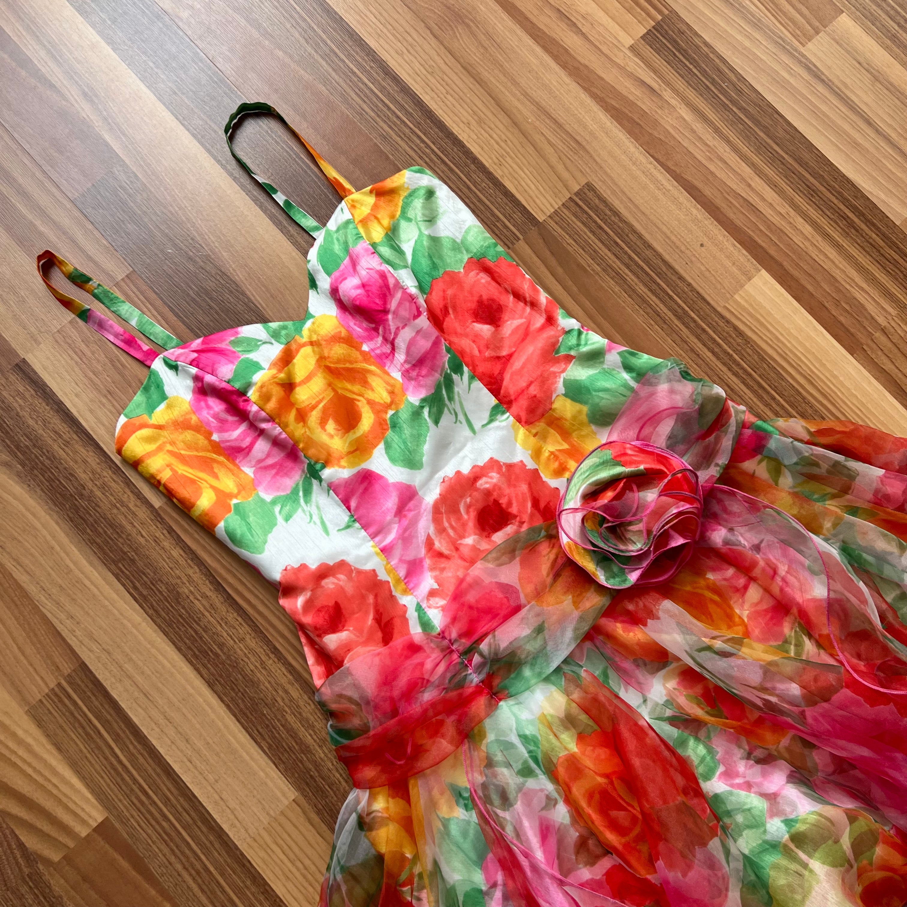 1980s VERA MONT Floral Party Dress-Handkerchief Hem Organza Cocktail Dress-West German EU 40