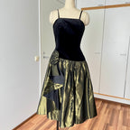 1980s Yessica Taffeta Prom Dress: Velvet Bodice, Metallic Skirt, Rosette Accent Party Gown