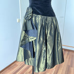 1980s Yessica Taffeta Prom Dress: Velvet Bodice, Metallic Skirt, Rosette Accent Party Gown