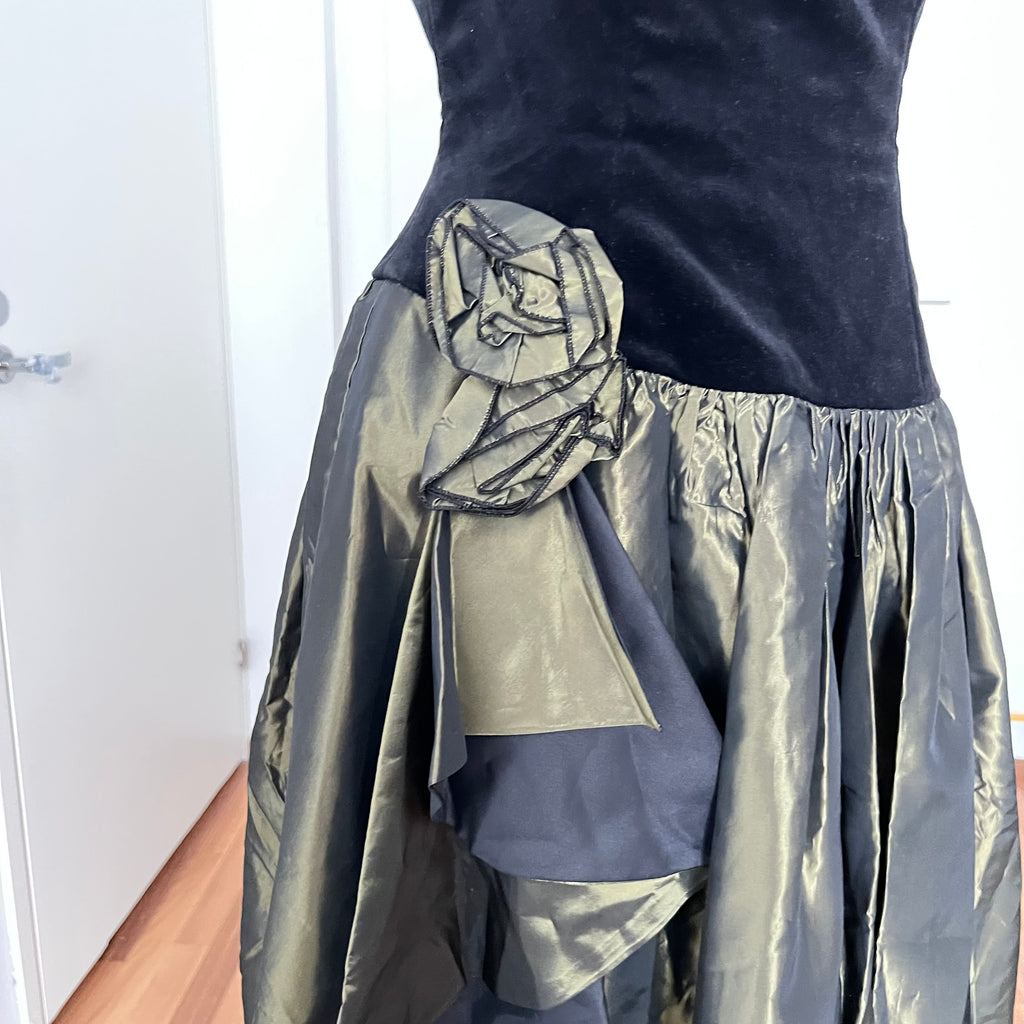 1980s Yessica Taffeta Prom Dress: Velvet Bodice, Metallic Skirt, Rosette Accent Party Gown