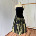 1980s Yessica Taffeta Prom Dress: Velvet Bodice, Metallic Skirt, Rosette Accent Party Gown