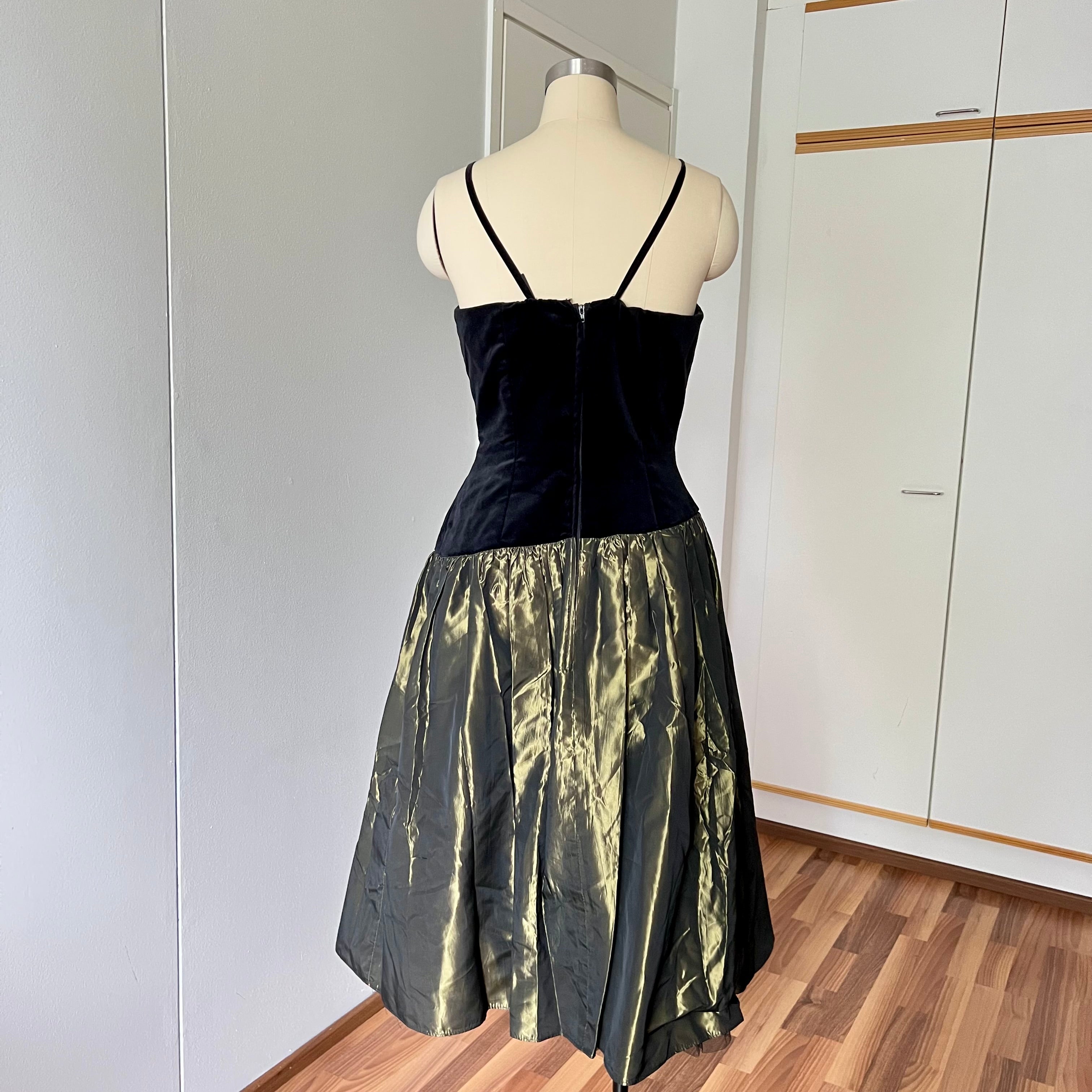 1980s Yessica Taffeta Prom Dress: Velvet Bodice, Metallic Skirt, Rosette Accent Party Gown