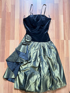 1980s Yessica Taffeta Prom Dress: Velvet Bodice, Metallic Skirt, Rosette Accent Party Gown