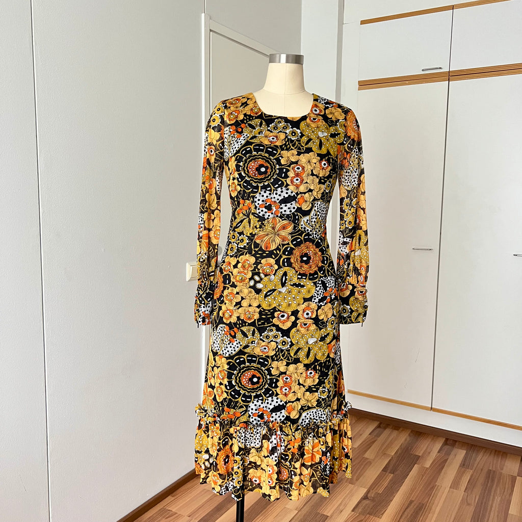 1970s Psychedelic Floral Midi Dress: Boho Ruffle Hem, Kirjomekko Finnish Vintage