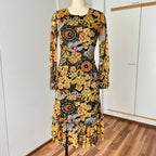 1970s Psychedelic Floral Midi Dress: Boho Ruffle Hem, Kirjomekko Finnish Vintage