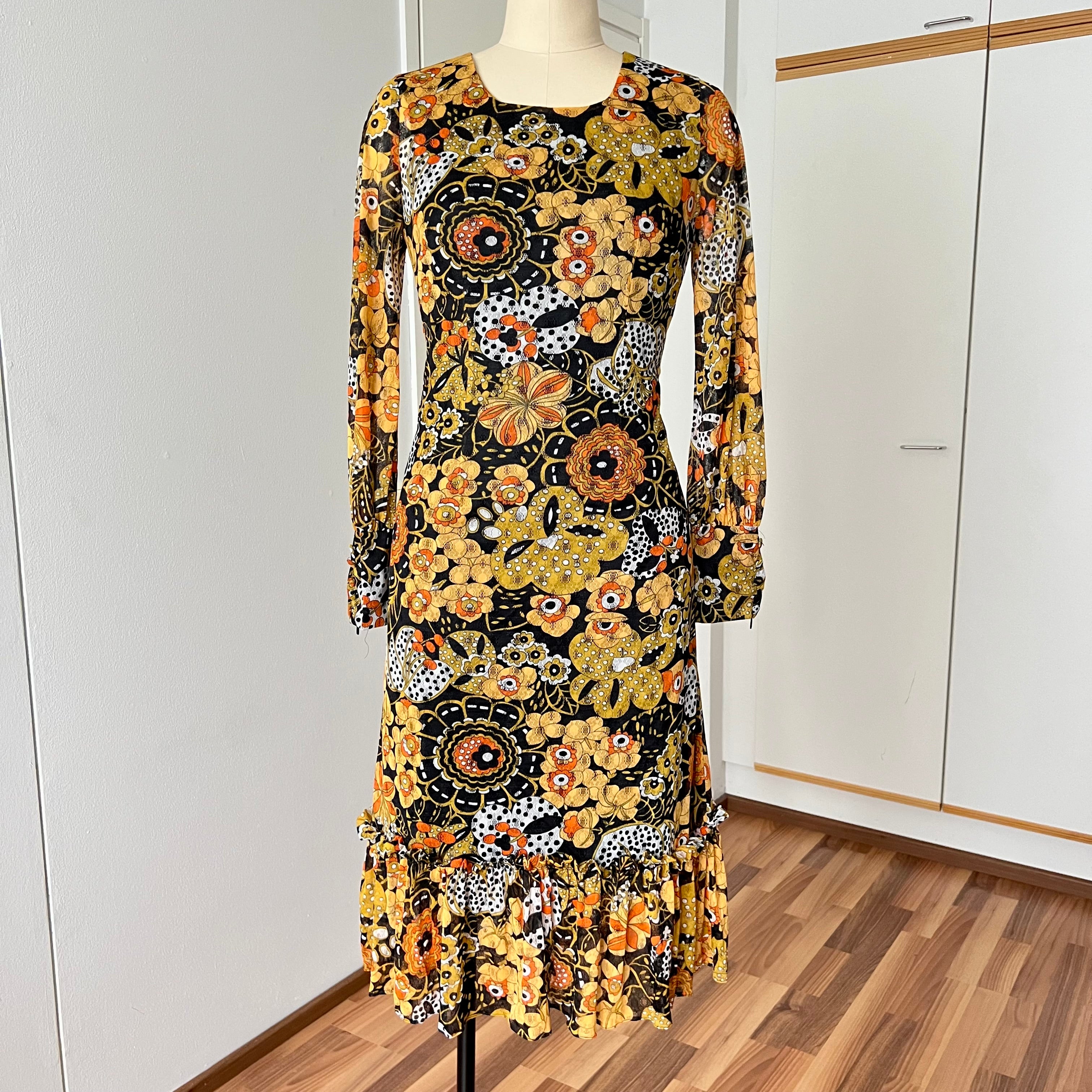 1970s Psychedelic Floral Midi Dress: Boho Ruffle Hem, Kirjomekko Finnish Vintage
