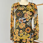 1970s Psychedelic Floral Midi Dress: Boho Ruffle Hem, Kirjomekko Finnish Vintage