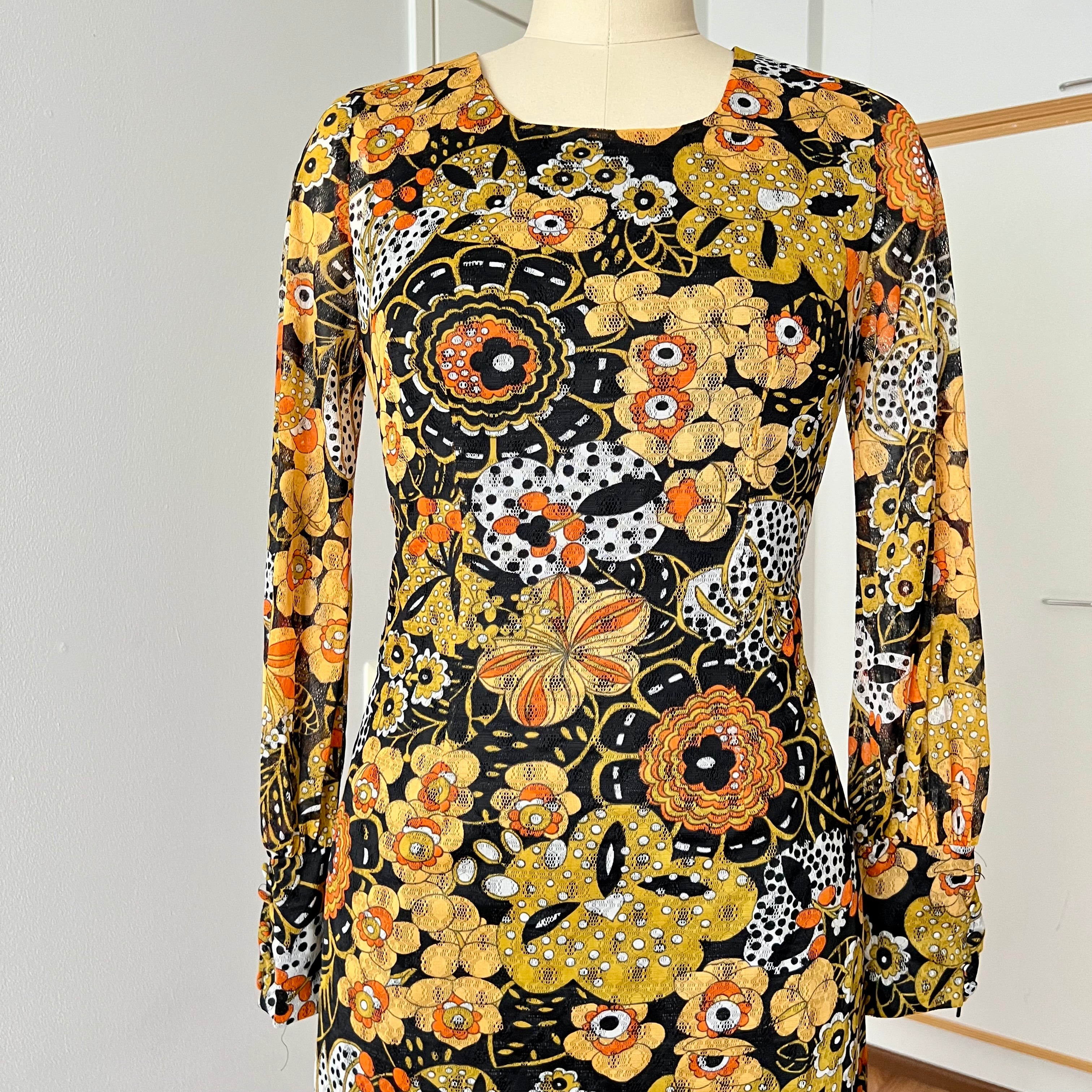 1970s Psychedelic Floral Midi Dress: Boho Ruffle Hem, Kirjomekko Finnish Vintage
