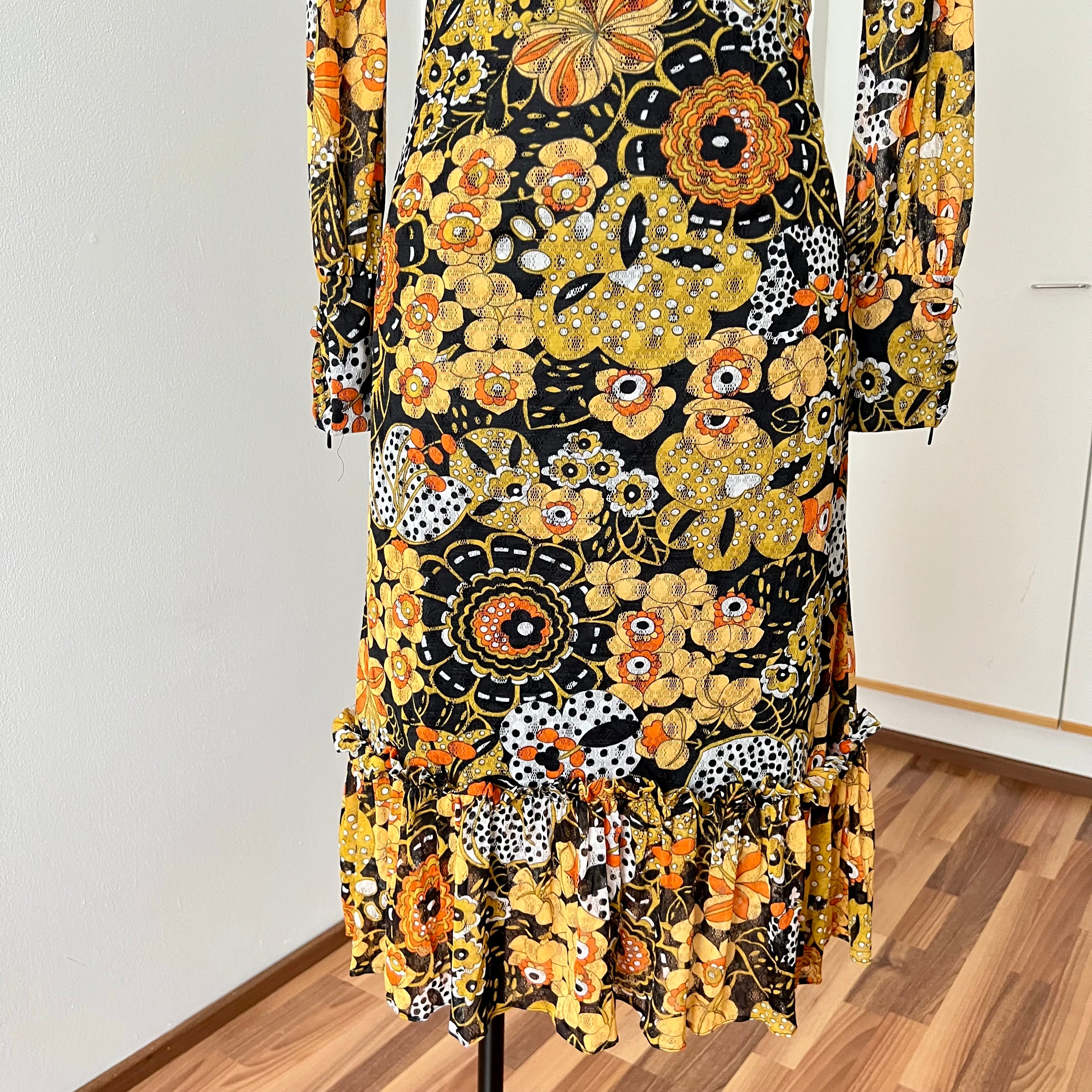 1970s Psychedelic Floral Midi Dress: Boho Ruffle Hem, Kirjomekko Finnish Vintage