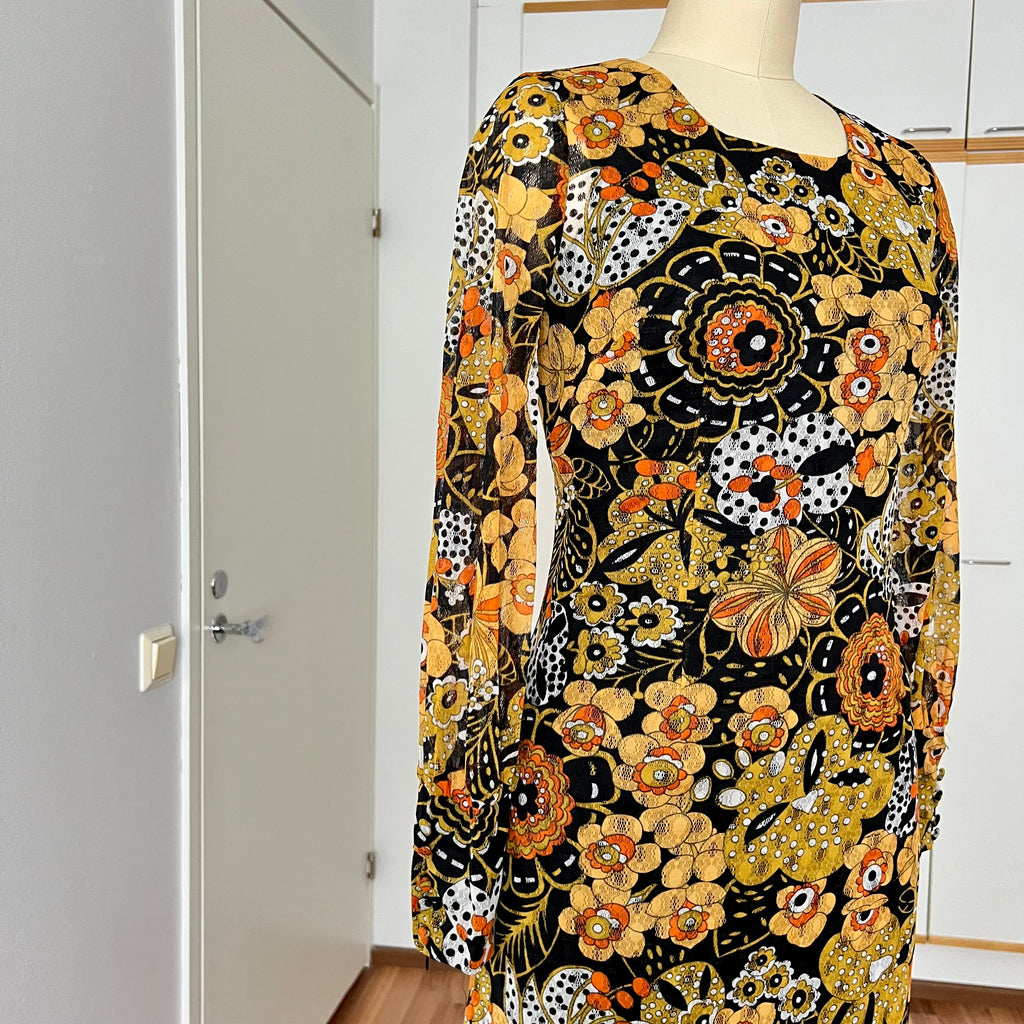 1970s Psychedelic Floral Midi Dress: Boho Ruffle Hem, Kirjomekko Finnish Vintage