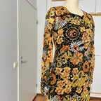 1970s Psychedelic Floral Midi Dress: Boho Ruffle Hem, Kirjomekko Finnish Vintage