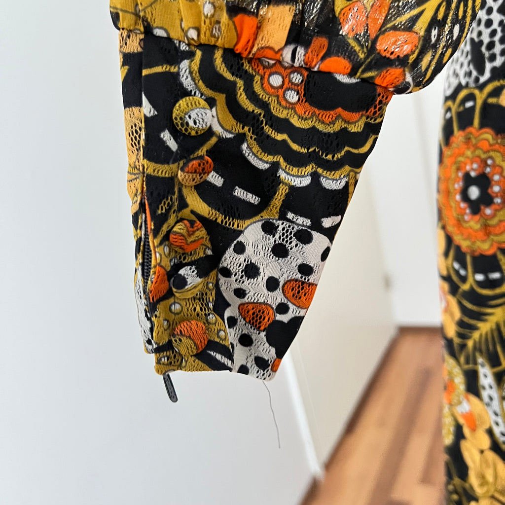 1970s Psychedelic Floral Midi Dress: Boho Ruffle Hem, Kirjomekko Finnish Vintage