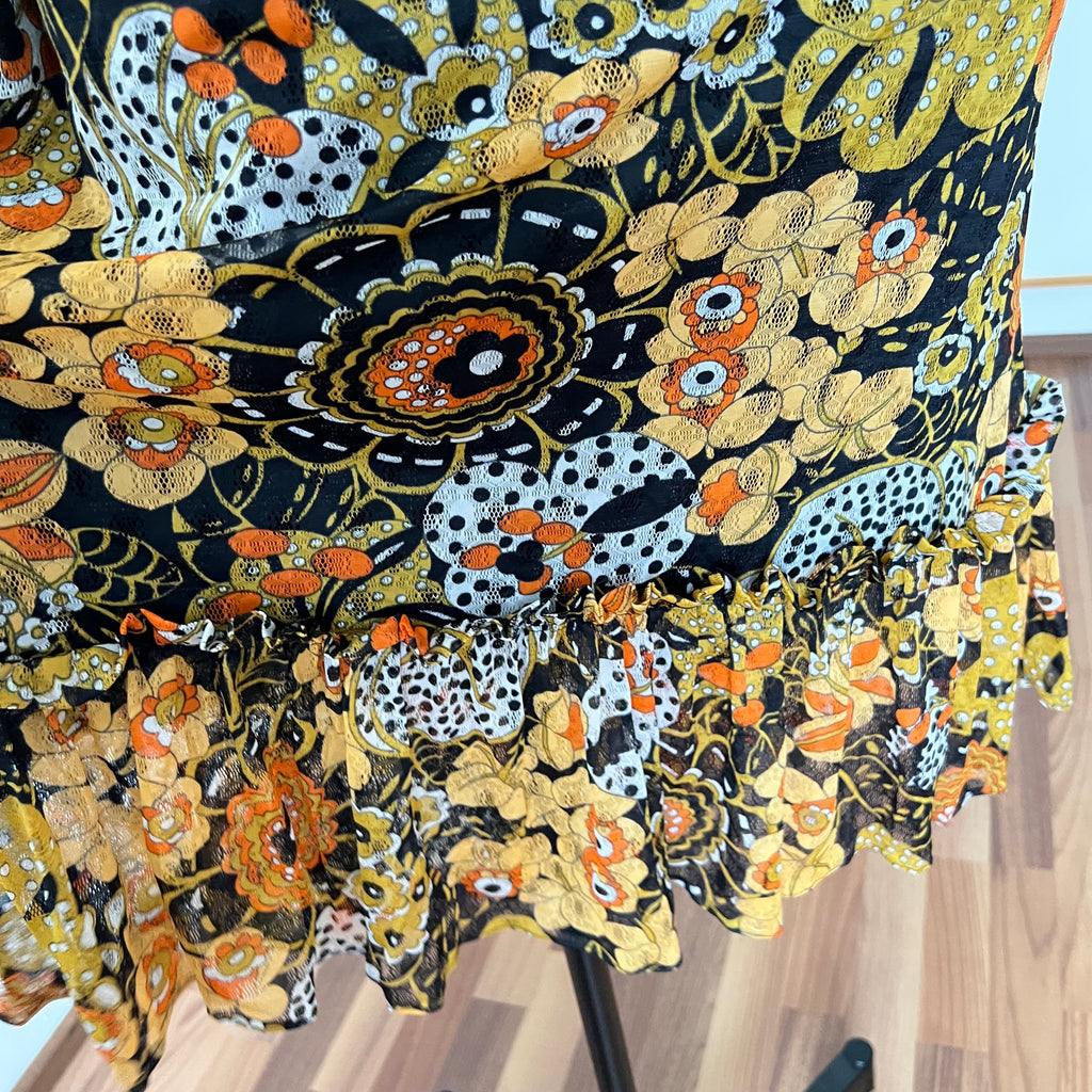 1970s Psychedelic Floral Midi Dress: Boho Ruffle Hem, Kirjomekko Finnish Vintage
