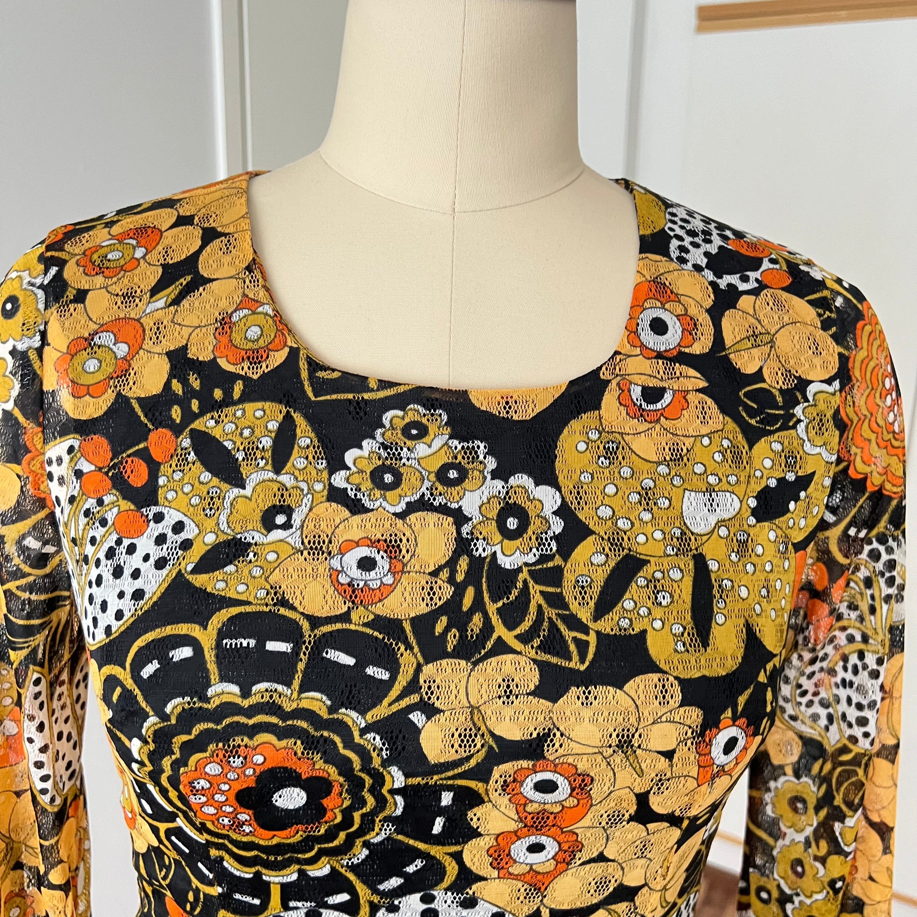 1970s Psychedelic Floral Midi Dress: Boho Ruffle Hem, Kirjomekko Finnish Vintage