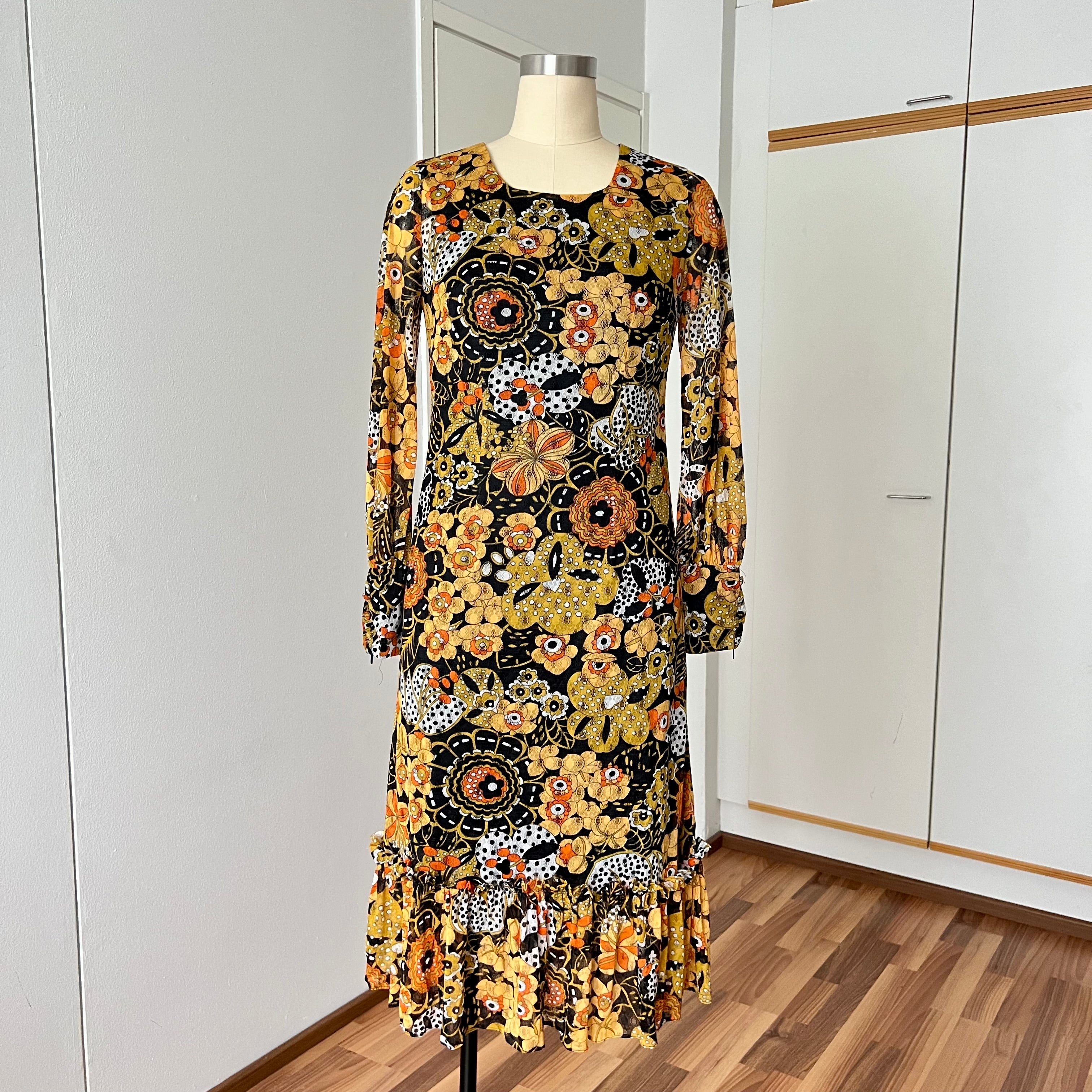 1970s Psychedelic Floral Midi Dress: Boho Ruffle Hem, Kirjomekko Finnish Vintage