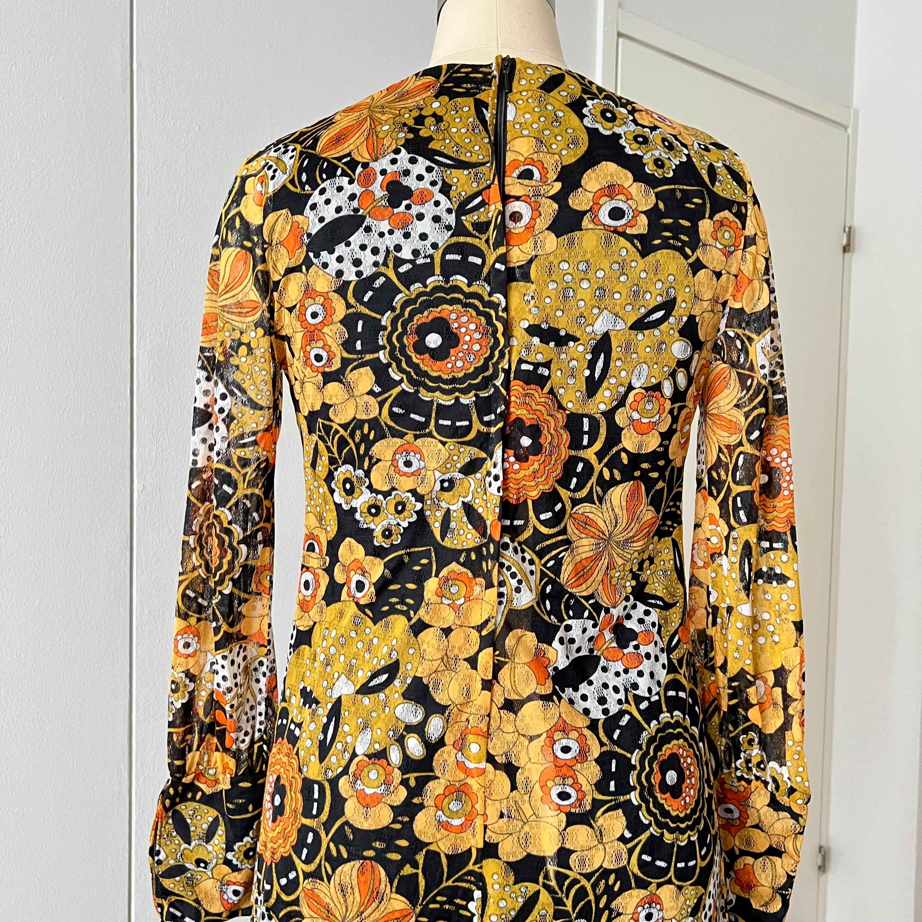1970s Psychedelic Floral Midi Dress: Boho Ruffle Hem, Kirjomekko Finnish Vintage