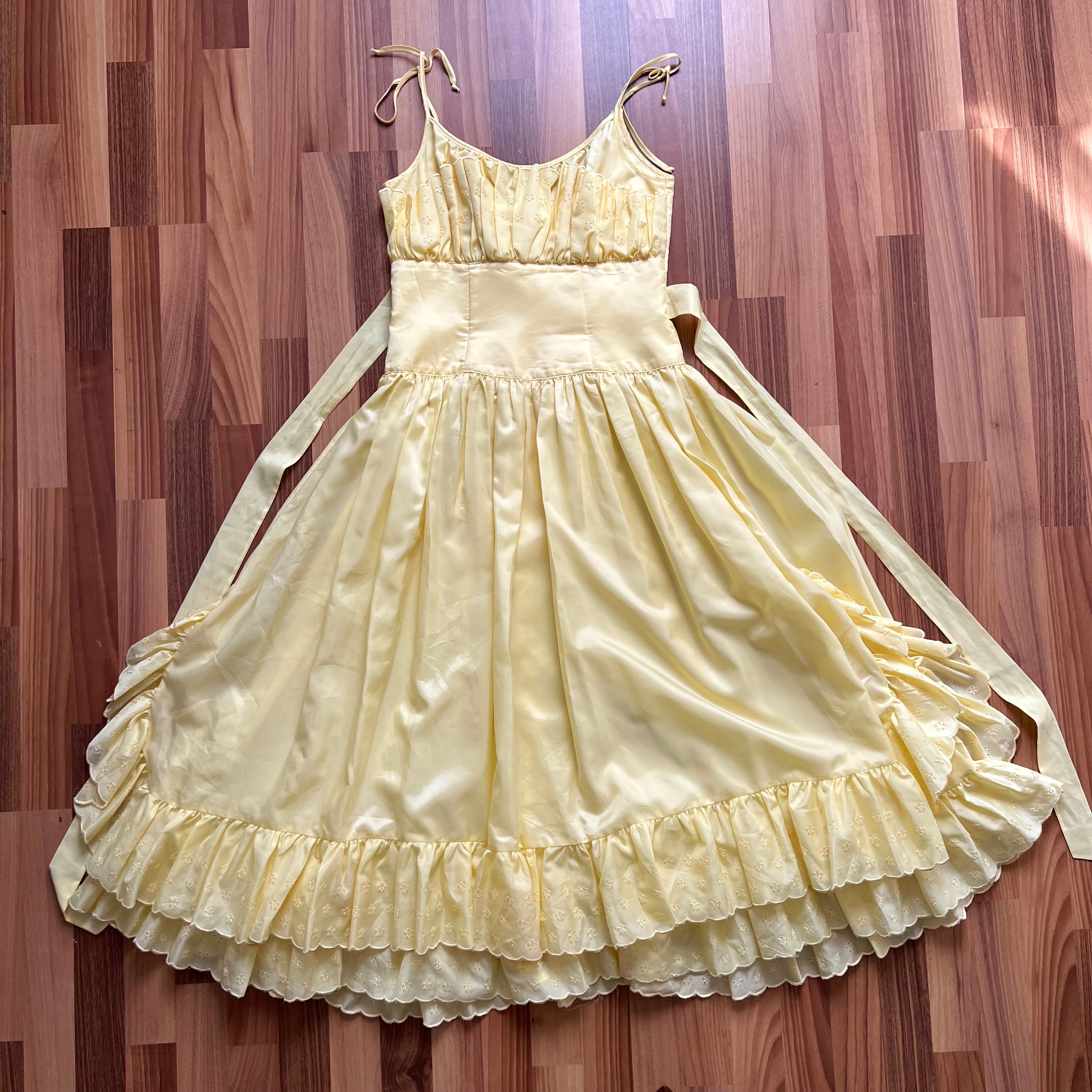 1980s Vintage Yellow Prairie Midi Dress-Broderie Anglaise Tiered Ruffle Dress-Spaghetti Straps 
