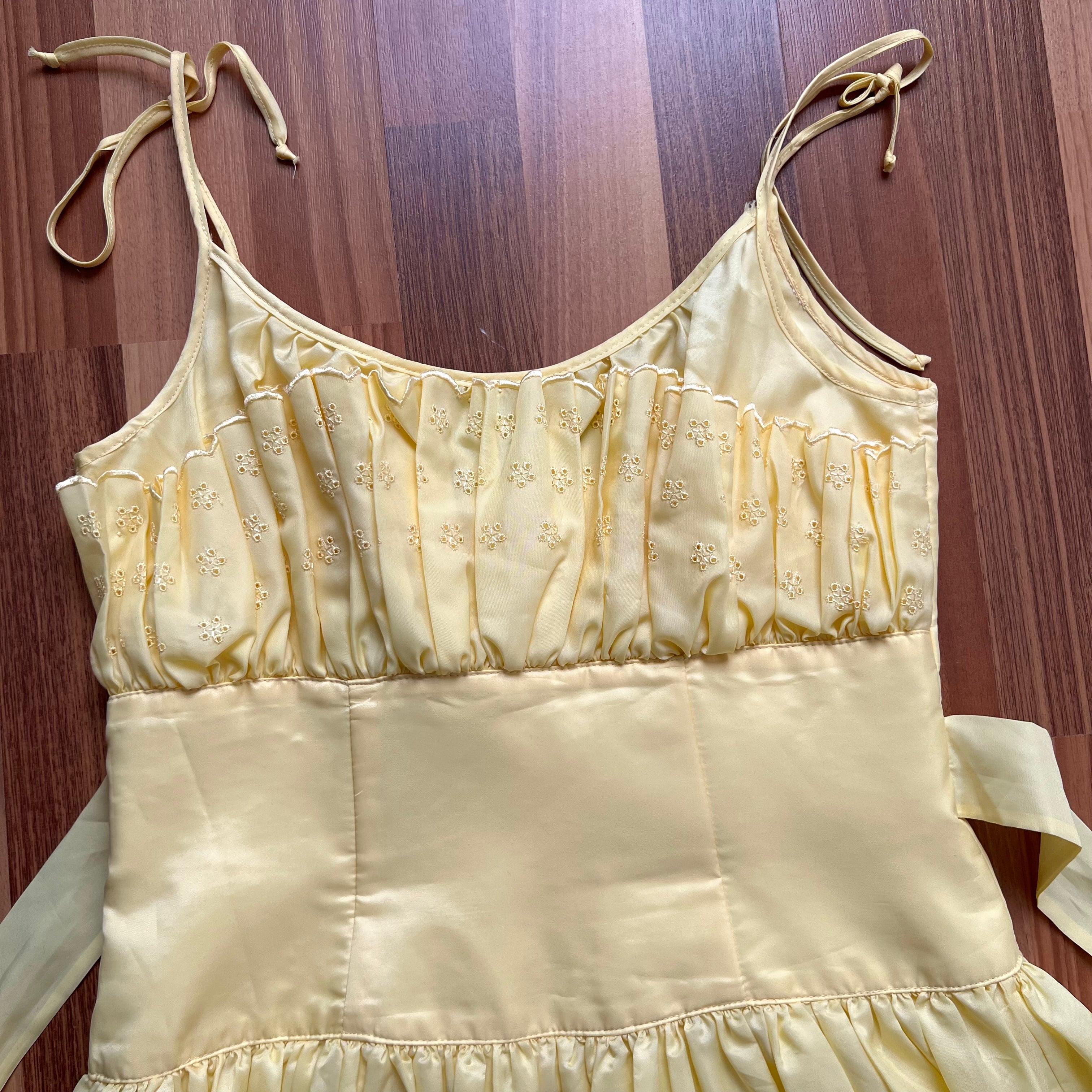 1980s Vintage Yellow Prairie Midi Dress-Broderie Anglaise Tiered Ruffle Dress-Spaghetti Straps