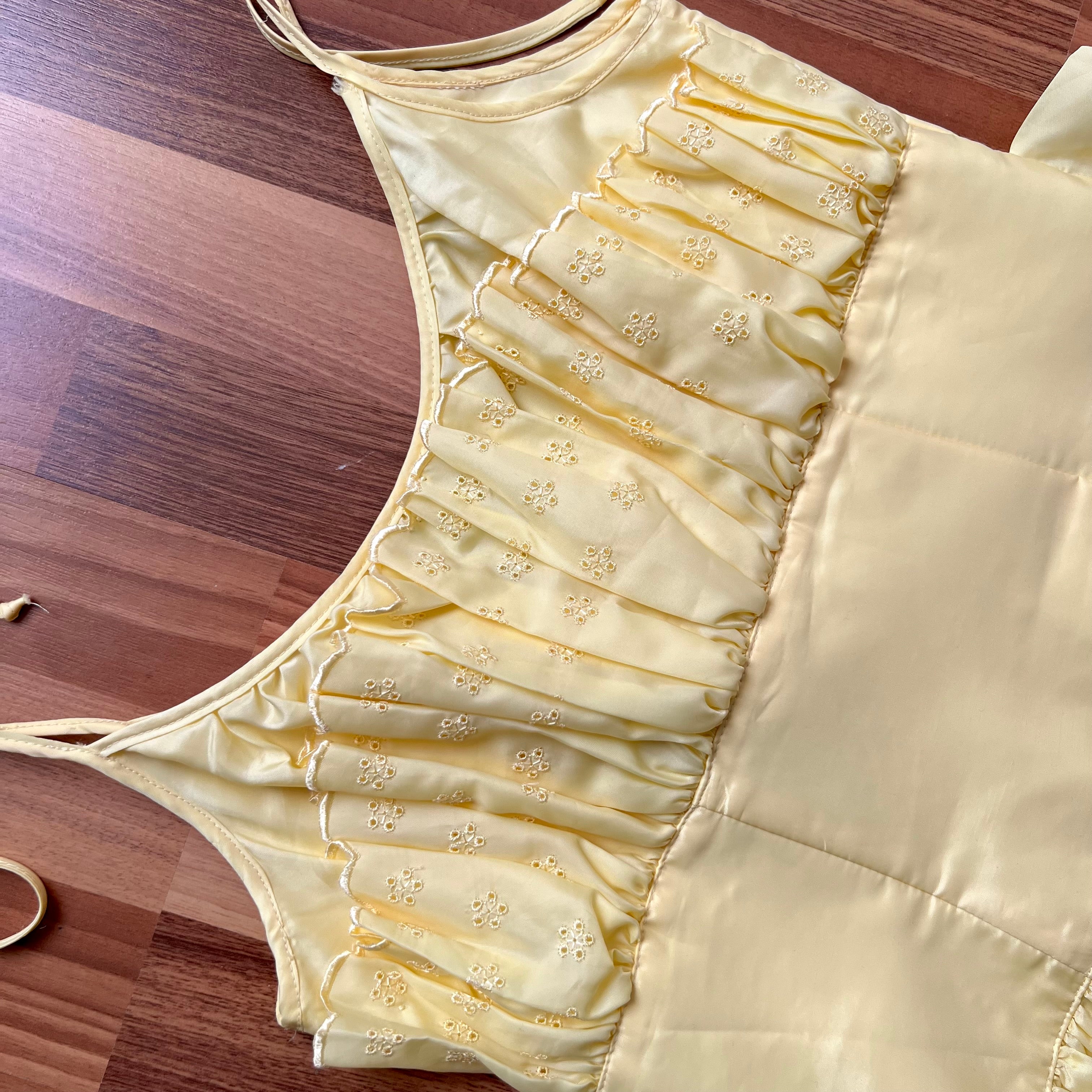 1980s Vintage Yellow Prairie Midi Dress-Broderie Anglaise Tiered Ruffle Dress-Spaghetti Straps