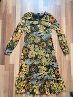 1970s Psychedelic Floral Midi Dress: Boho Ruffle Hem, Kirjomekko Finnish Vintage
