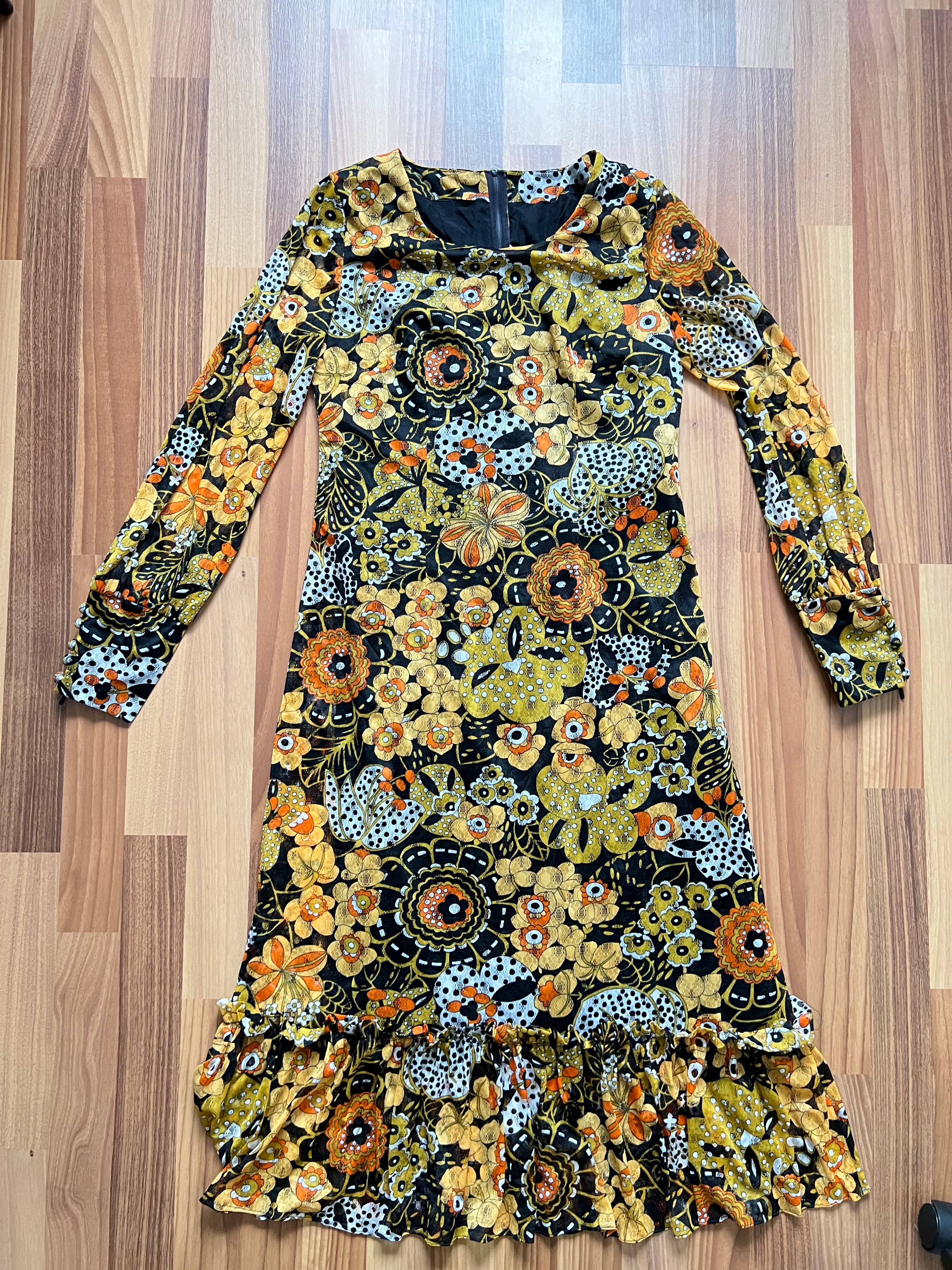 1970s Psychedelic Floral Midi Dress: Boho Ruffle Hem, Kirjomekko Finnish Vintage