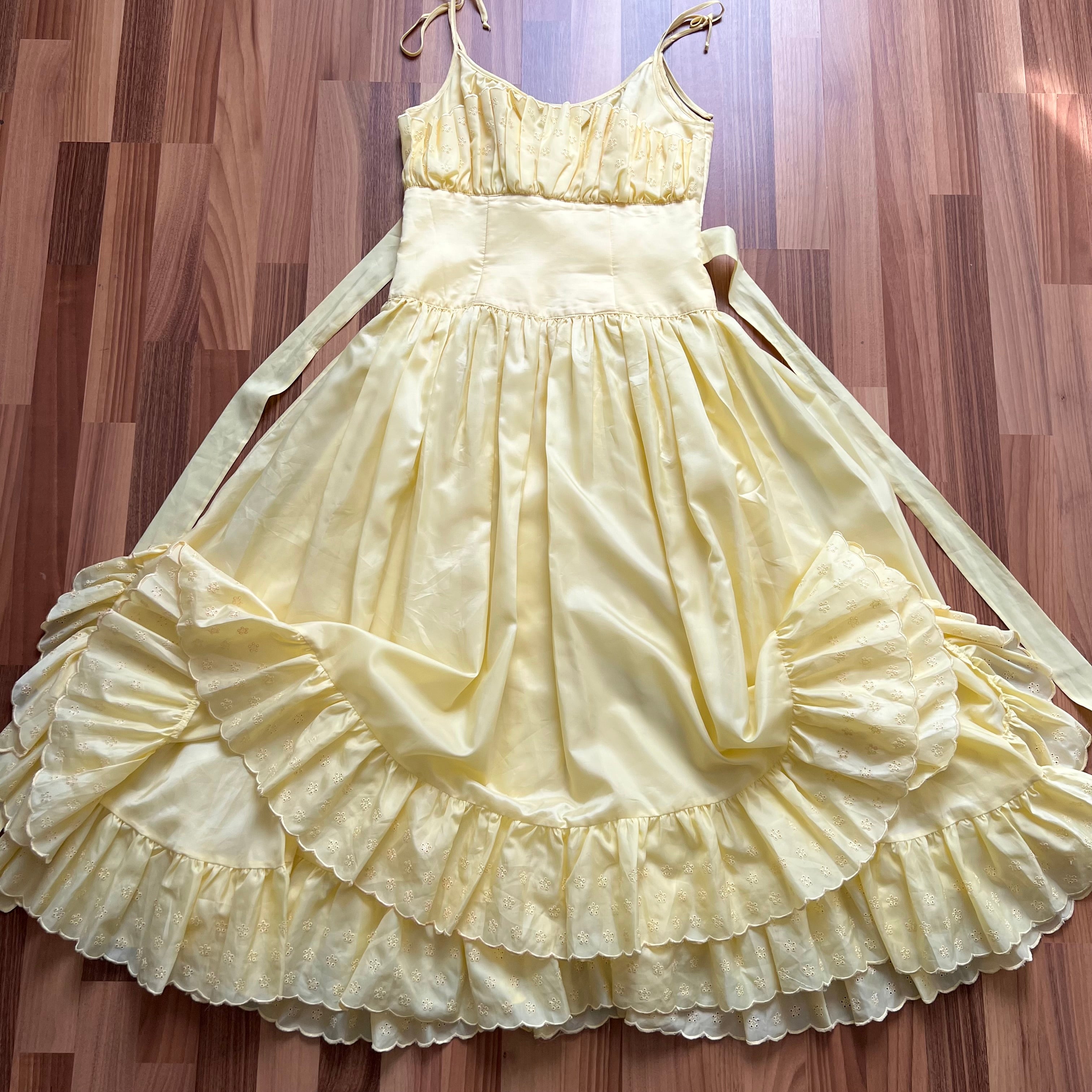1980s Vintage Yellow Prairie Midi Dress-Broderie Anglaise Tiered Ruffle Dress-Spaghetti Straps