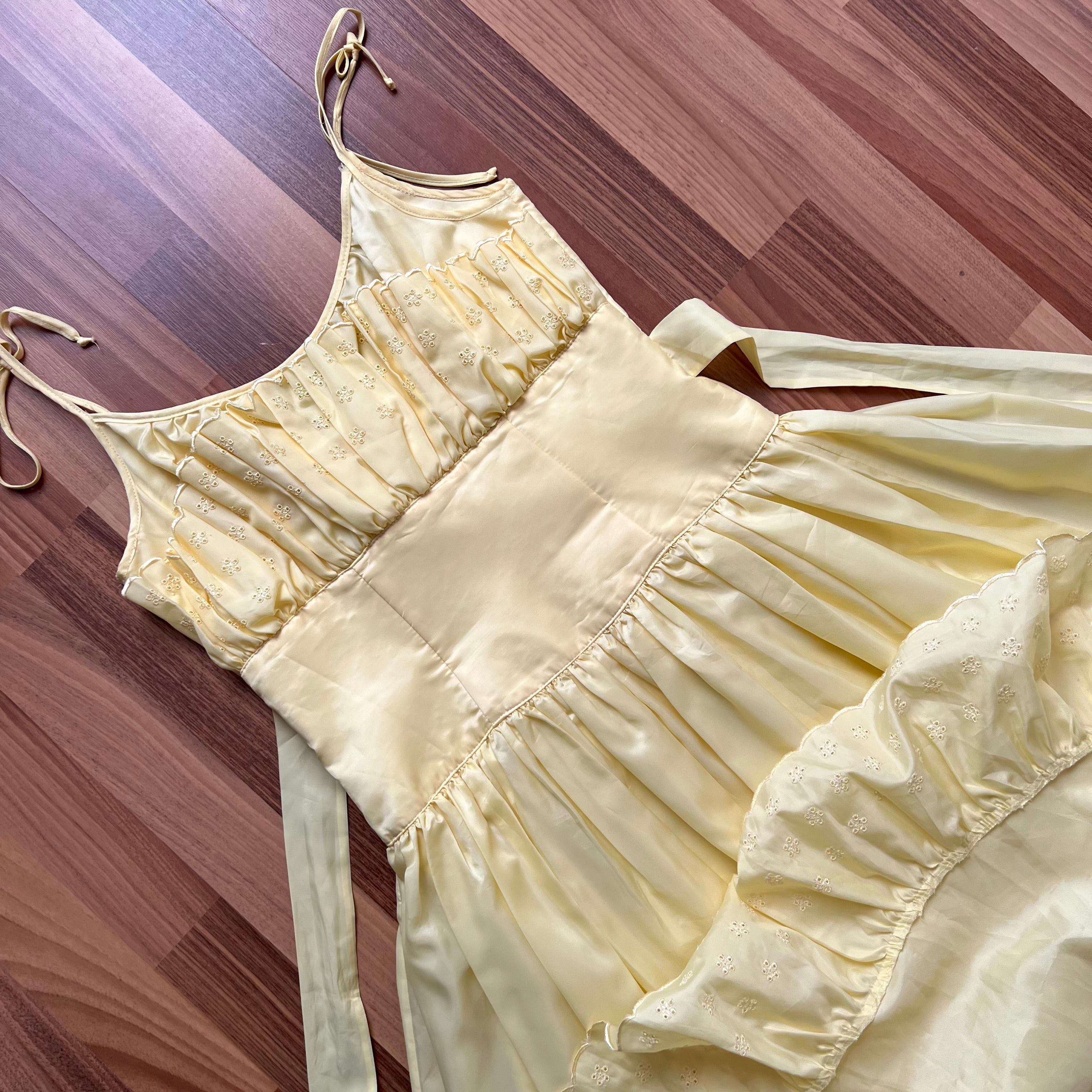 1980s Vintage Yellow Prairie Midi Dress-Broderie Anglaise Tiered Ruffle Dress-Spaghetti Straps