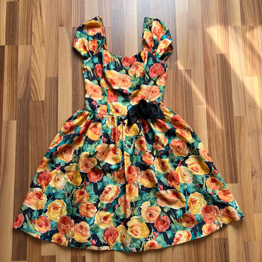 1980s Vintage Floral Party Dress-80s Does 50s Fit and Flare Dress-Retro Cocktail Prom Dress-