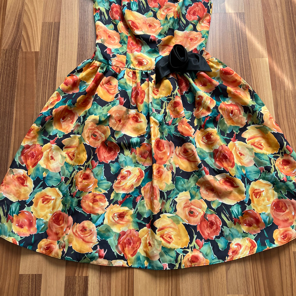 1980s Vintage Floral Party Dress-80s Does 50s Fit and Flare Dress-Retro Cocktail Prom Dress-