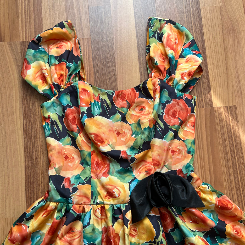 1980s Vintage Floral Party Dress-80s Does 50s Fit and Flare Dress-Retro Cocktail Prom Dress-