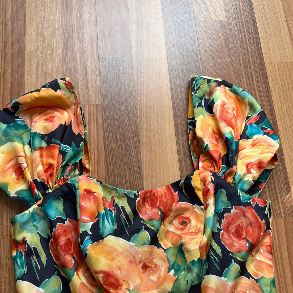 1980s Vintage Floral Party Dress-80s Does 50s Fit and Flare Dress-Retro Cocktail Prom Dress-